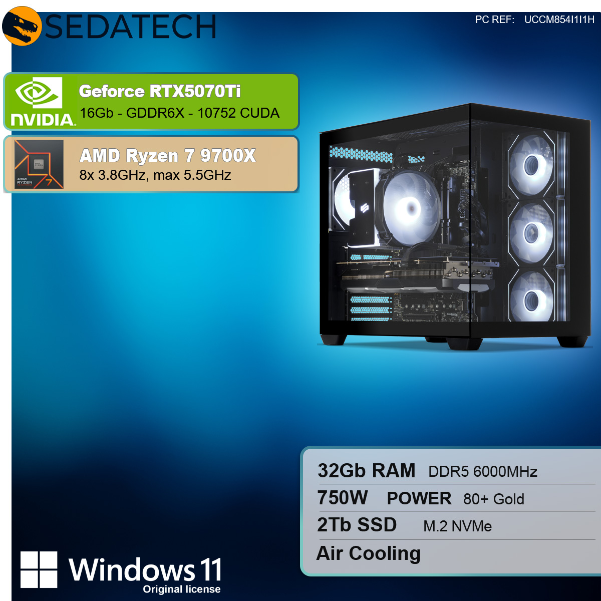 Case per computer con componenti. Testo: GeForce RTX5070Ti, AMD Ryzen 7 9700X, 32GB RAM, Windows 11.