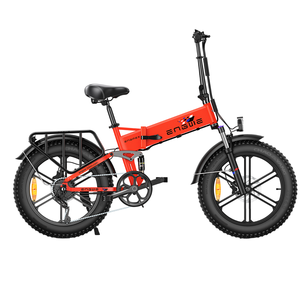Ein E-Bike ist abgebildet. Es ist rot mit schwarzen Reifen und einem schwarzen Gepäckträger. Das Wort 'ENGWE' steht auf dem Rahmen.