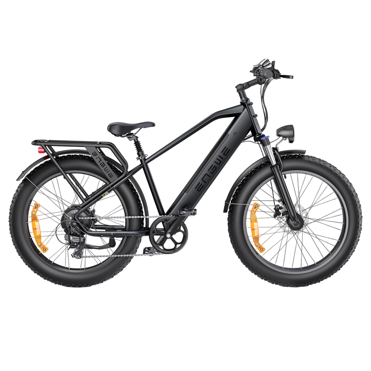 Schwarzes Engwe Elektrofahrrad, Seitenansicht, auf weißem Grund.