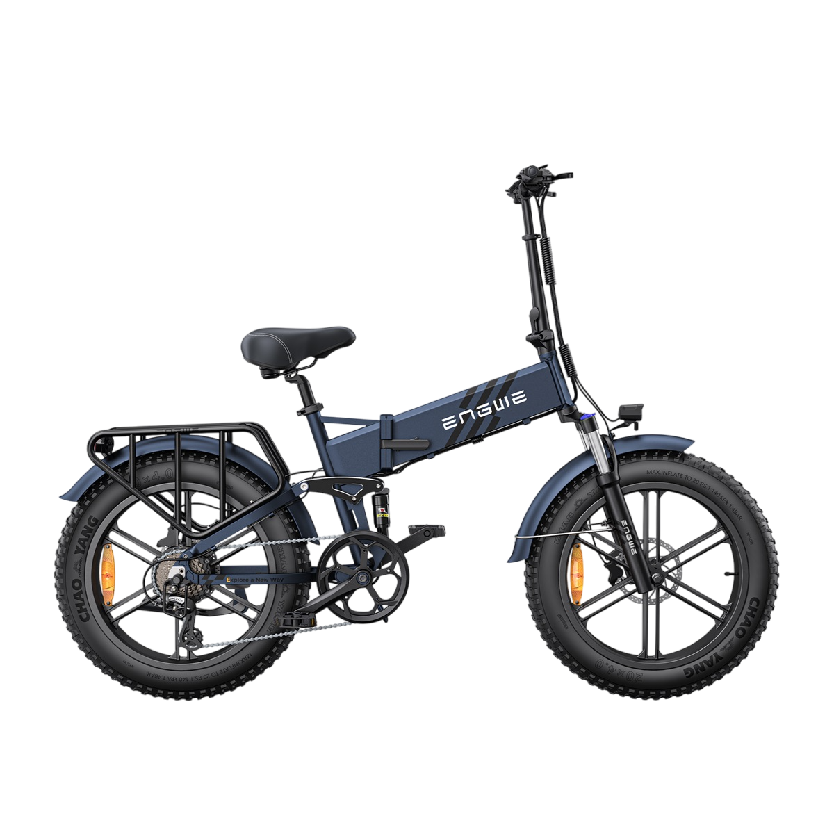 Ein blaues ENGWE Elektrofahrrad. Es hat schwarze Reifen, einen Gepäckträger und einen blauen Rahmen. Weißer Hintergrund.