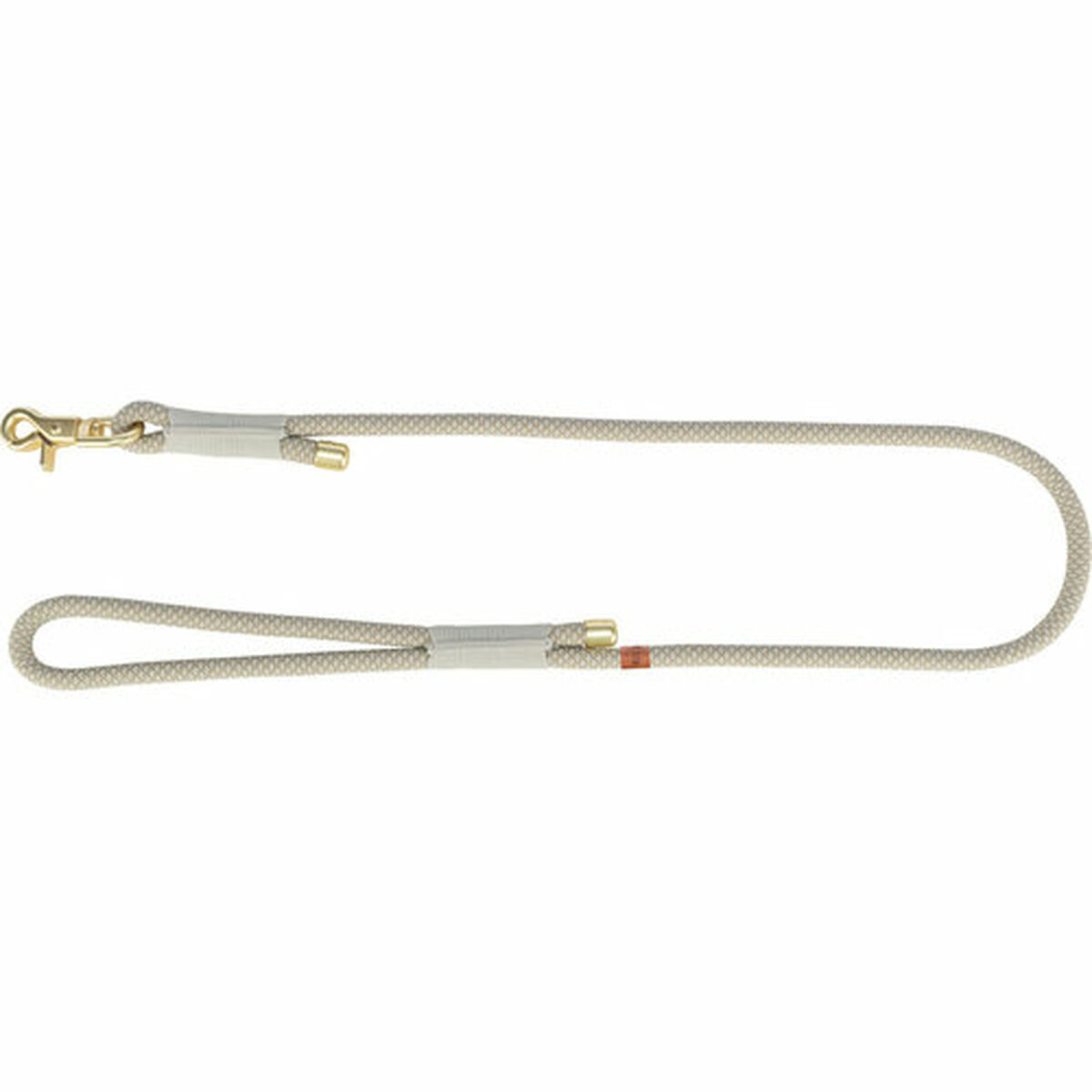 Beige Hundeleine mit goldenem Clip, auf weißem Hintergrund, schlichtes und sauberes Design.