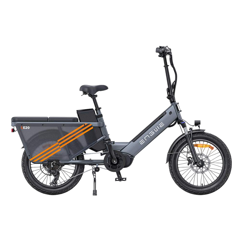 Graues Elektrofahrrad mit Stauraum, orangefarbenen Streifen, weißer Hintergrund.
