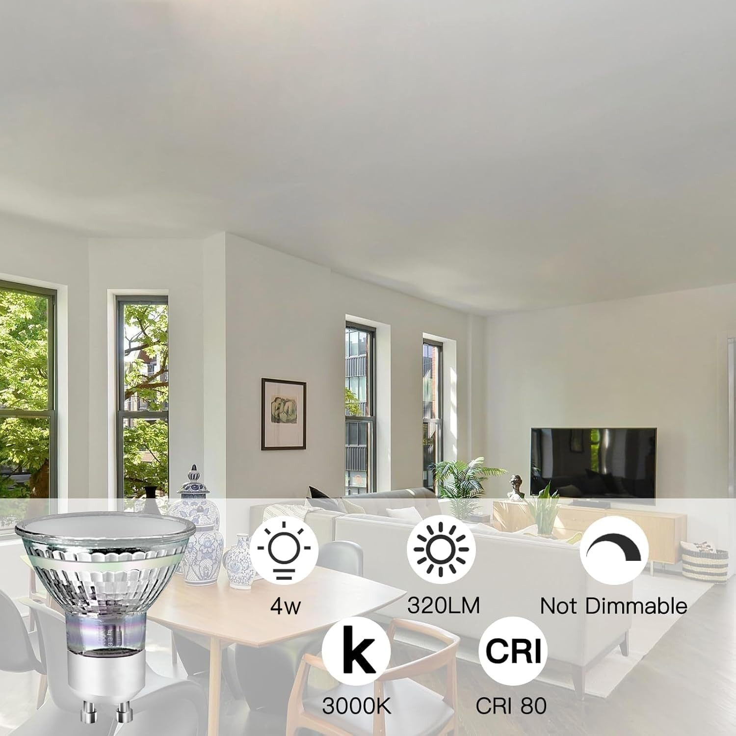 Lampa z ikonami wskazującymi jej moc, lumeny, temperaturę barwową i możliwość ściemniania.