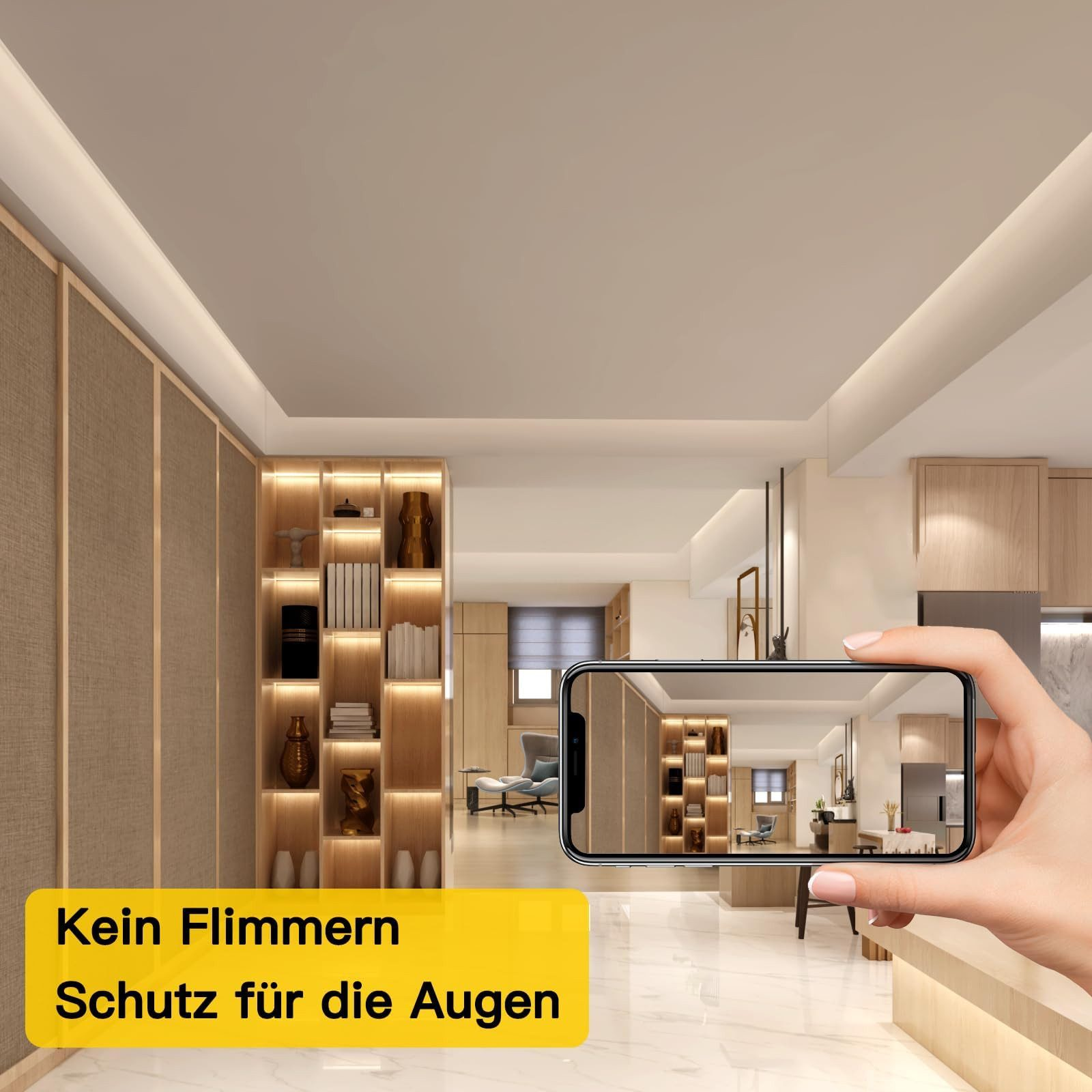 Osoba trzyma telefon, pokazując nowoczesne wnętrze ze światłami i drewnianymi panelami.