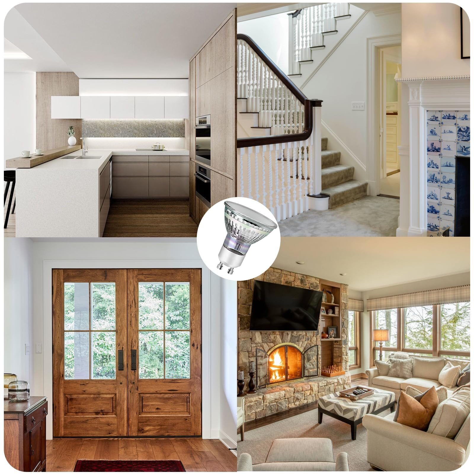 Różne ujęcia wnętrz, w tym kuchni, schodów i salonu z żarówką pośrodku.
