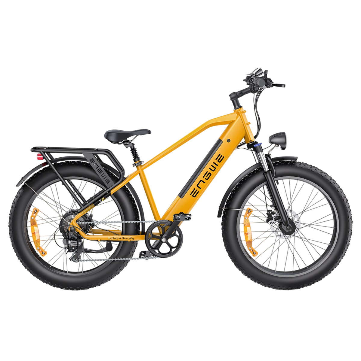 Gelbes Elektrofahrrad mit großen Reifen. Schwarze Akzente, weißer Hintergrund.