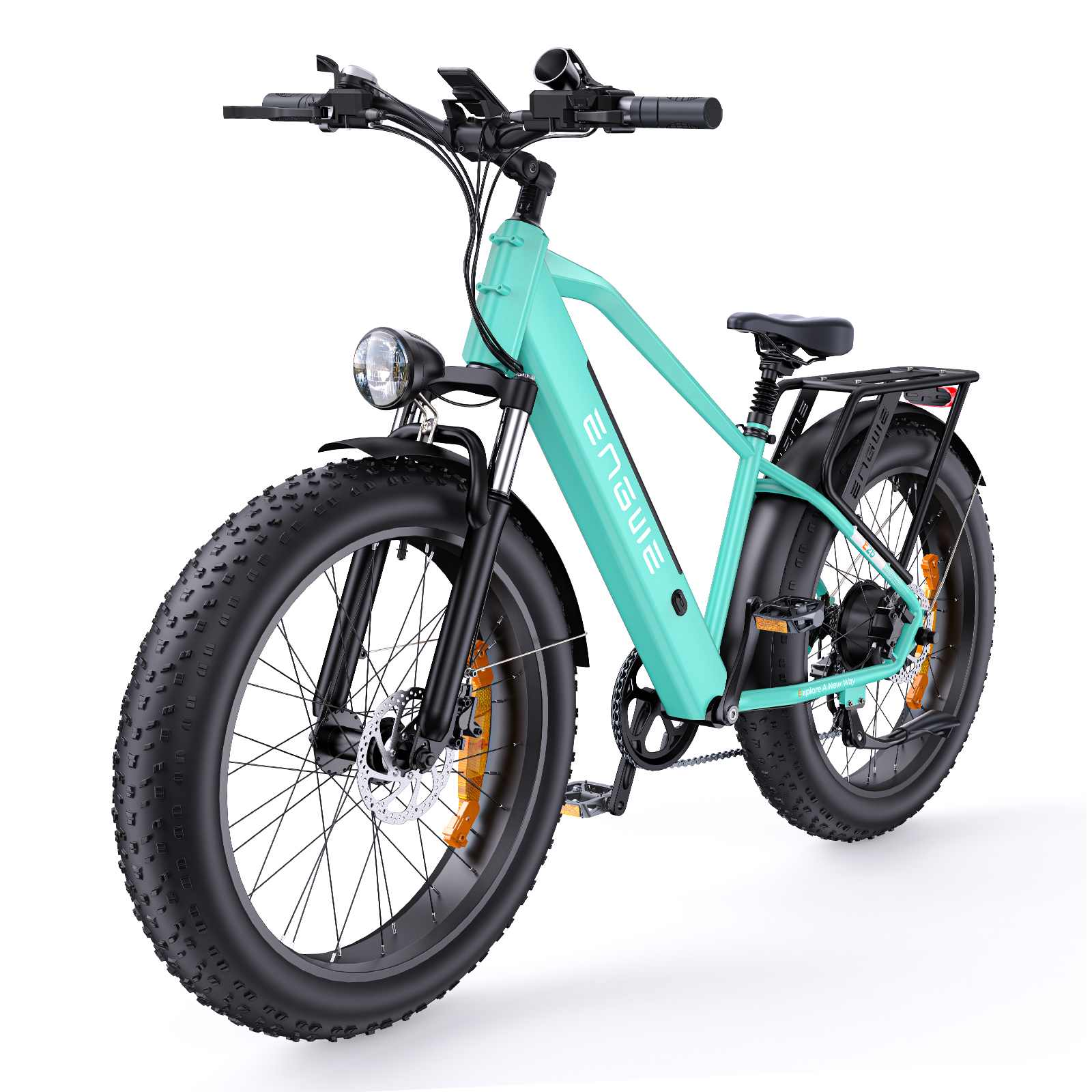 Türkisfarbenes Elektrofahrrad mit breiten Reifen, schwarzen Kotflügeln und Gepäckträger.