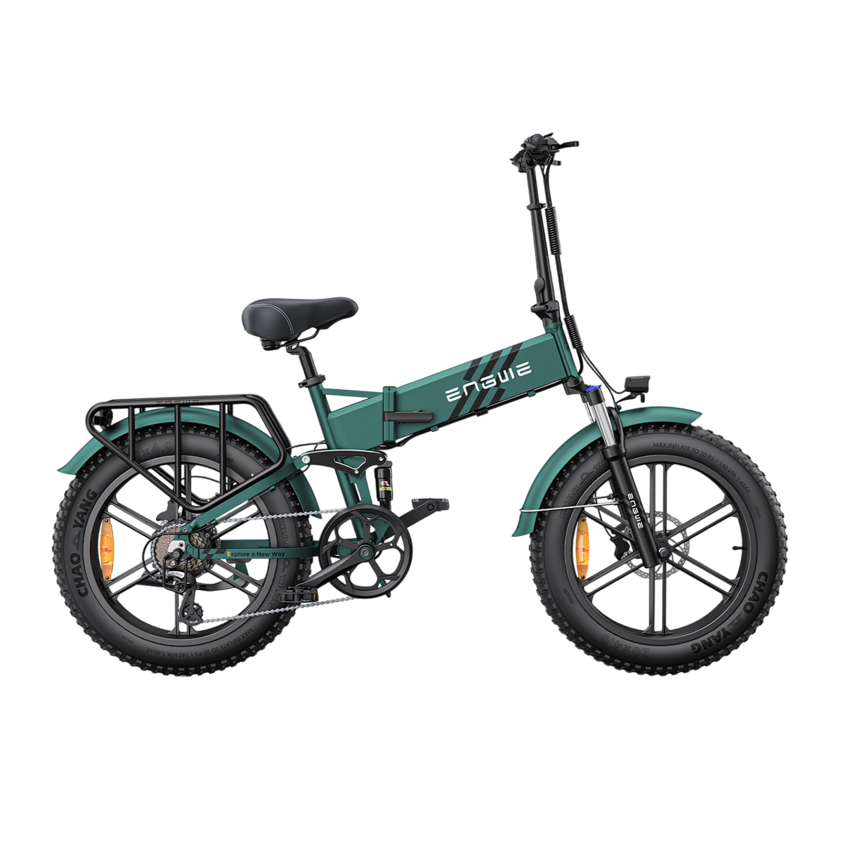 Grünes Klapp-E-Bike mit schwarzen Akzenten und großen Reifen, weißer Hintergrund.