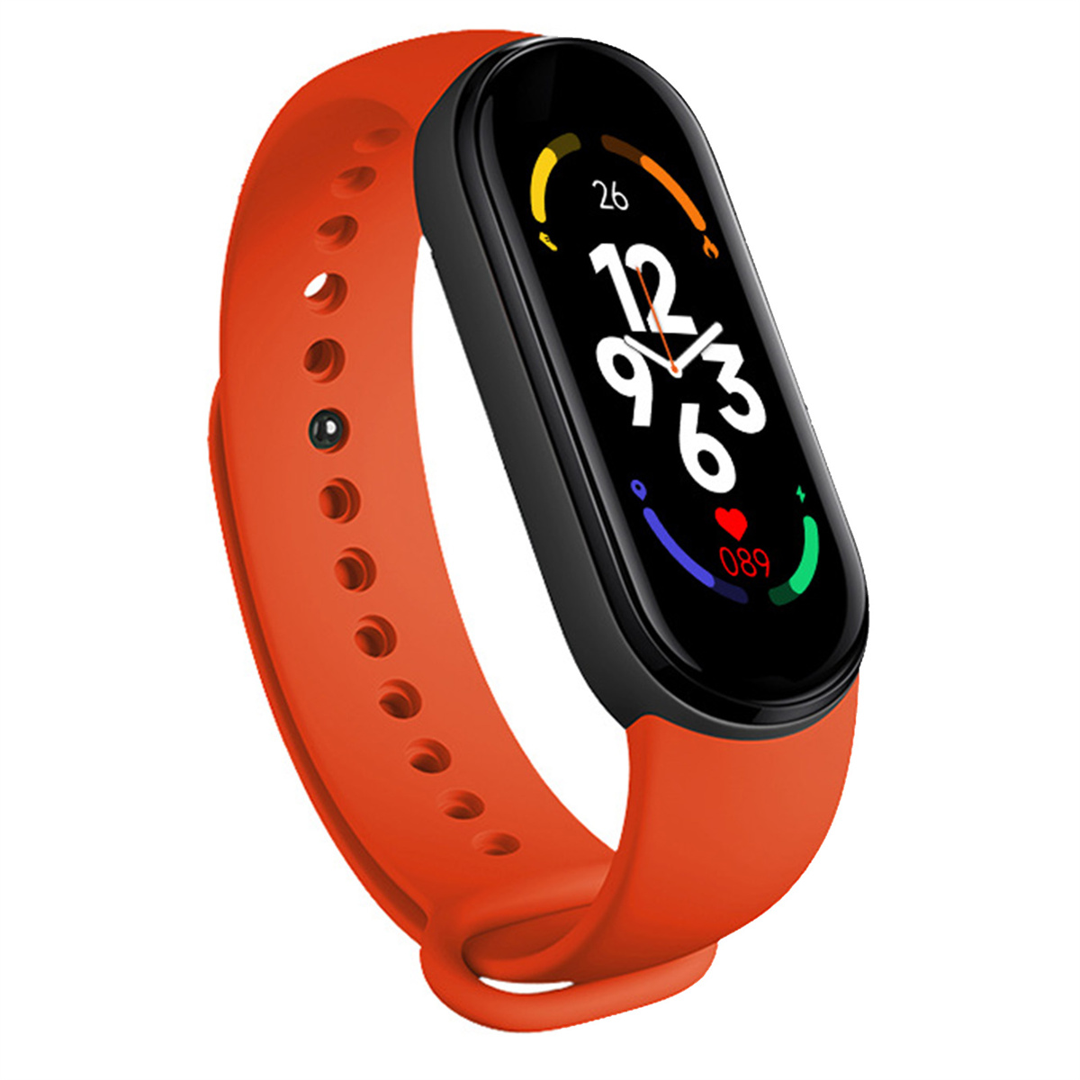 Eine orangefarbene Smartwatch mit schwarzem Bildschirm und orangefarbenem Armband.