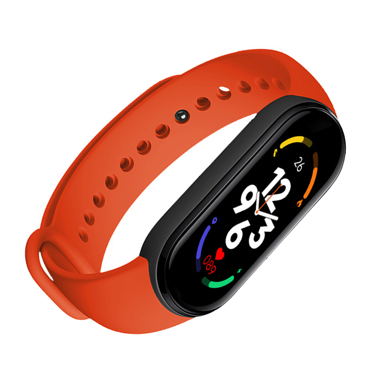 Orange Smartwatch mit schwarzem Bildschirm, der die Zeit anzeigt, und rotem Armband, vor weißem Hintergrund.