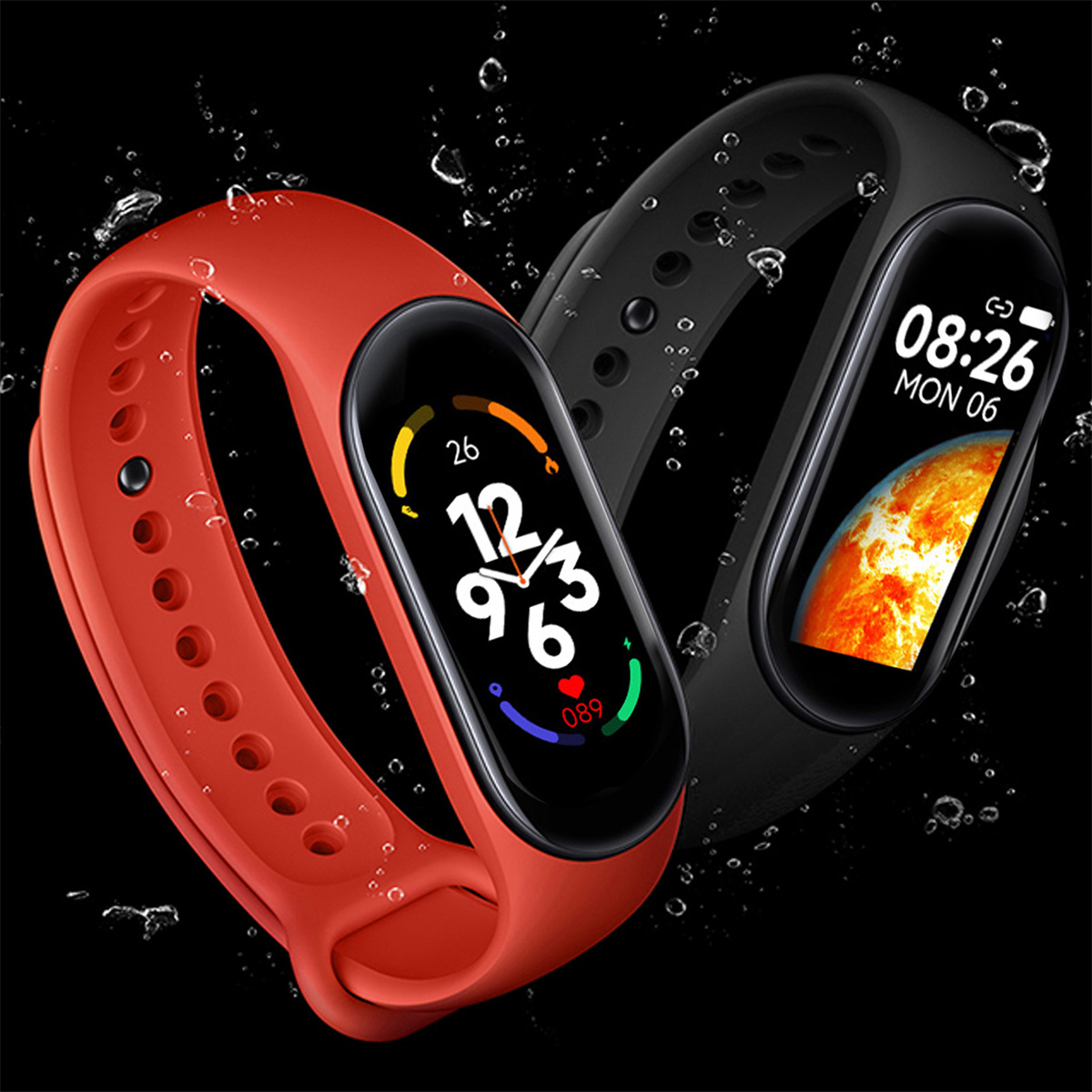 Zwei Smartwatches, rot und schwarz, mit digitalen Displays, die Zeit und Fitnessdaten anzeigen, auf schwarzem Hintergrund.