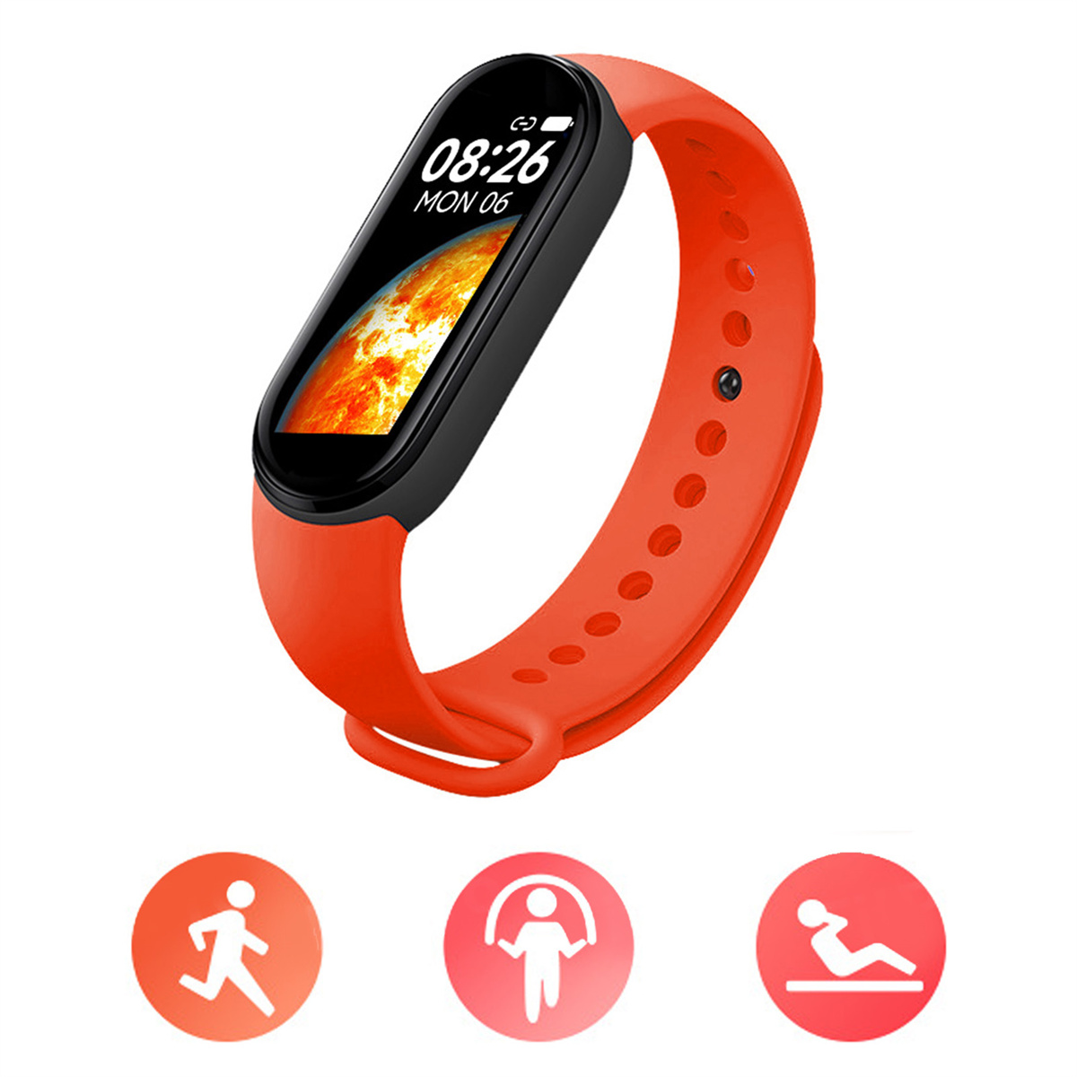 Orange Smartwatch mit schwarzem Bildschirm, der Zeit und Trainingssymbole zeigt.
