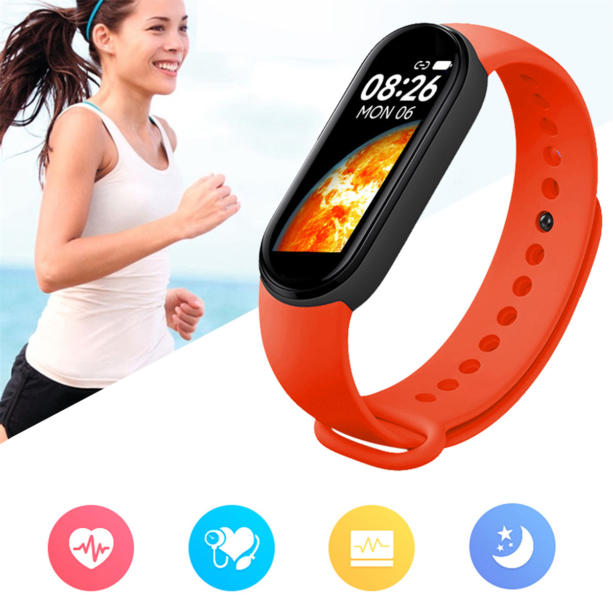 Eine rote Fitness-Tracker-Uhr mit Uhrzeit und Symbolen, mit einer laufenden Frau.