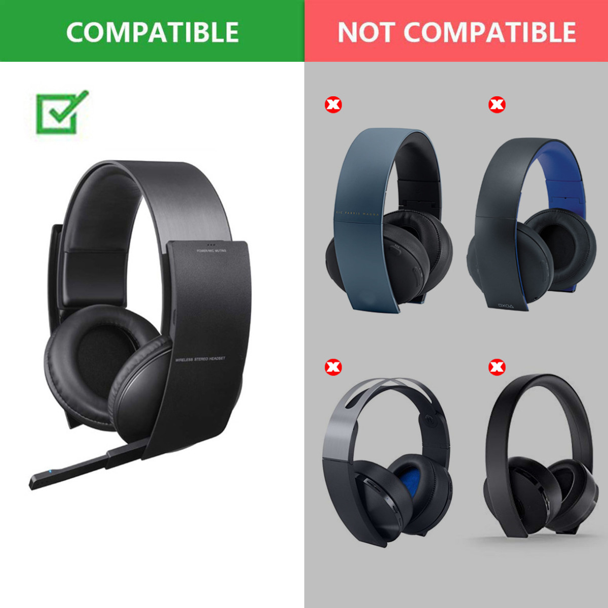 Immagine che mostra cuffie compatibili e non compatibili, con segni di spunta e X.