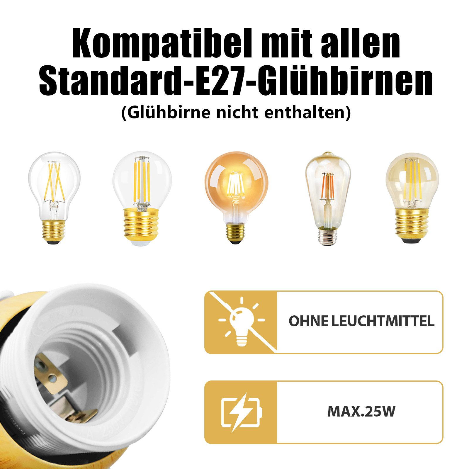 Cinque lampadine su sfondo bianco con un portalampada. Testo: Compatibile con lampadine E27.