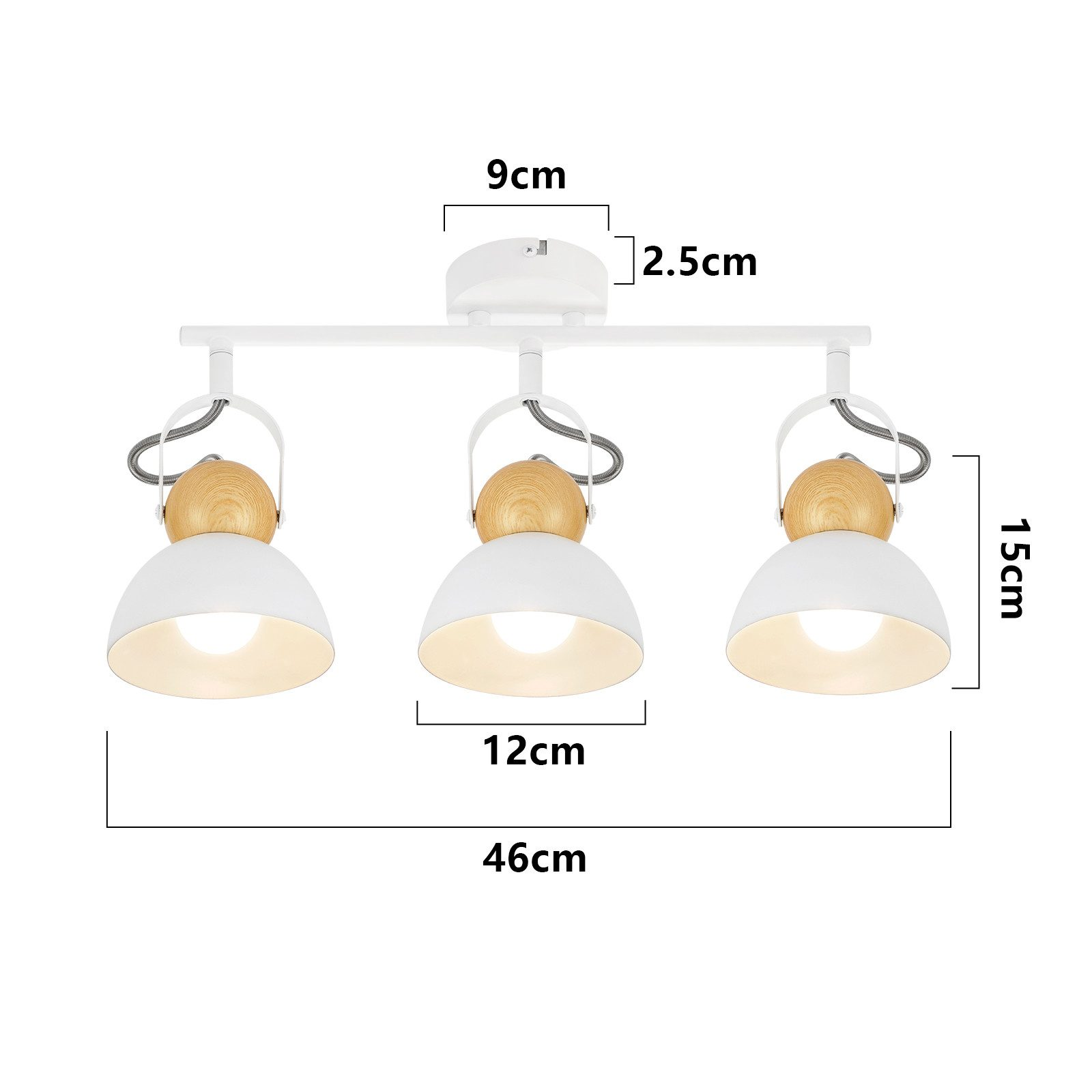 Biała oprawa oświetleniowa sufitowa z trzema światłami, każde z elementami drewnianymi i białymi, oznaczone wymiarami.