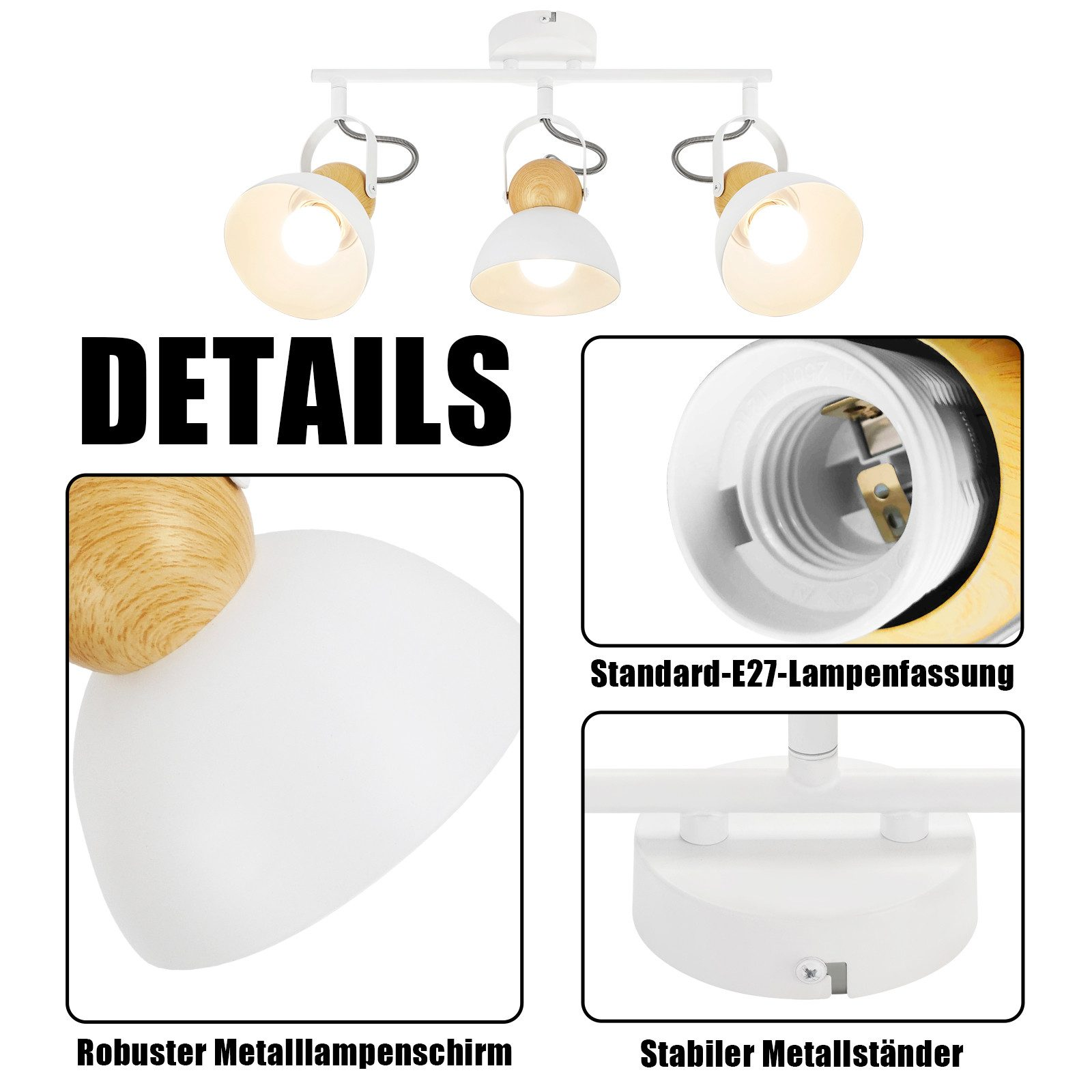 Faretto da soffitto bianco con tre luci, dettagli in legno e dettagli. Primi piani mostrano parti ed etichette.
