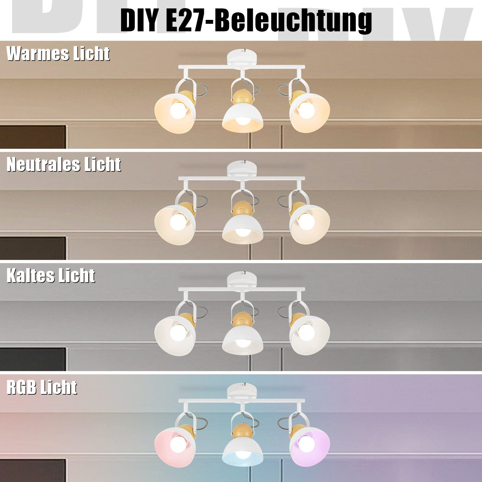 Faretti a tre luci che mostrano diversi colori di luce: caldo, neutro, freddo e RGB.