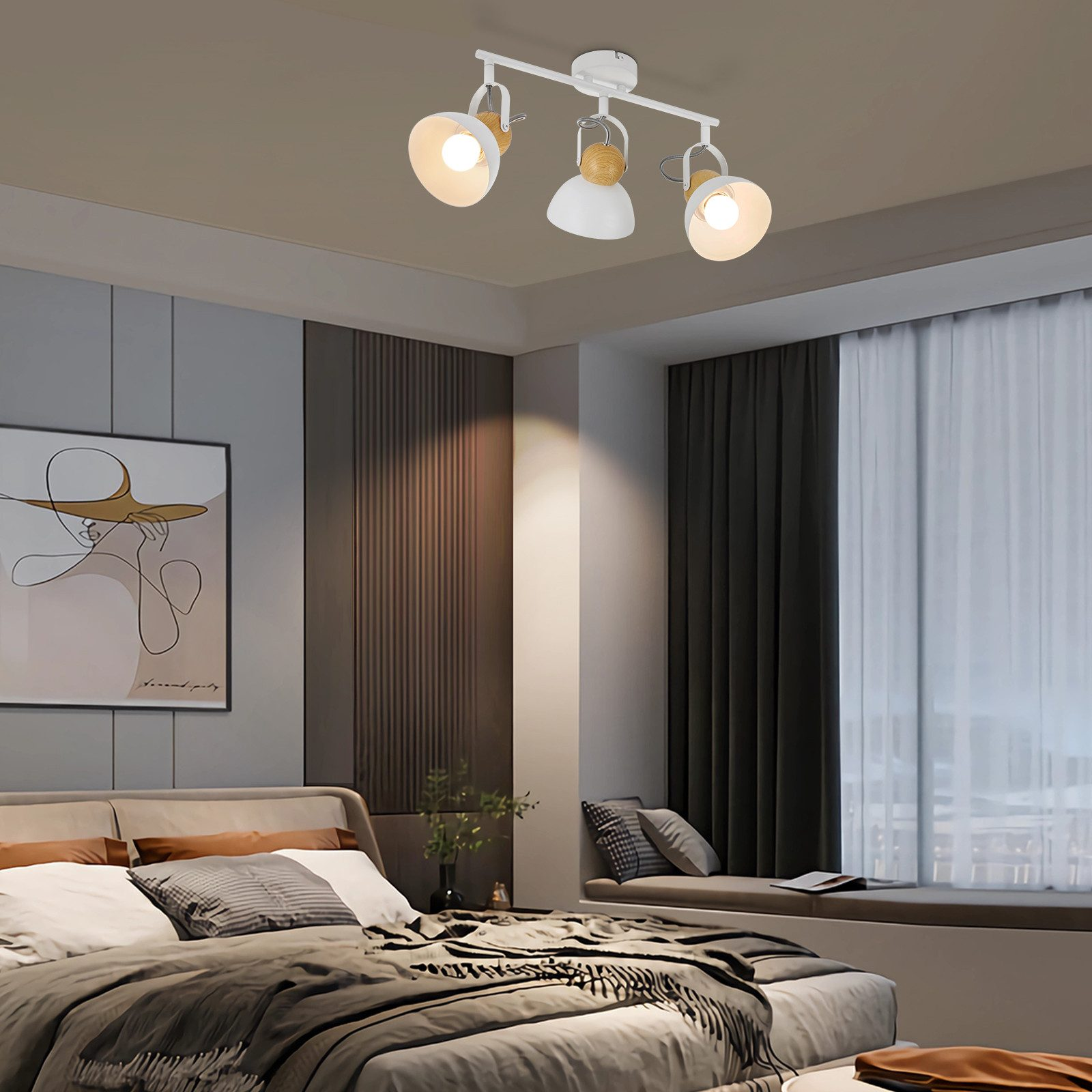 Sypialnia z oświetleniem sufitowym, łóżkiem i oknem. Pokój jest w neutralnych tonacjach.