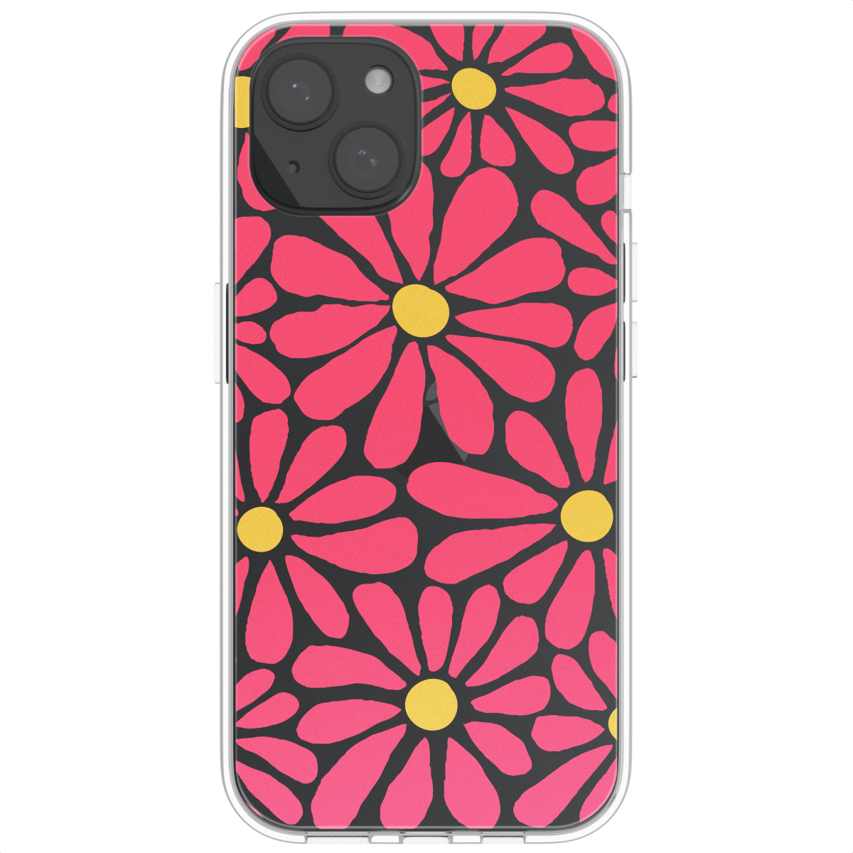 Telefoonhoesje met een patroon van roze bloemen met gele centra op een zwarte achtergrond.