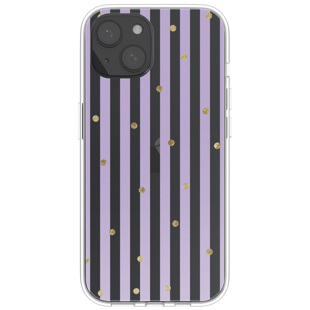 Telefoonhoesje met zwarte en lavendelstrepen, gouden stippen en camera.