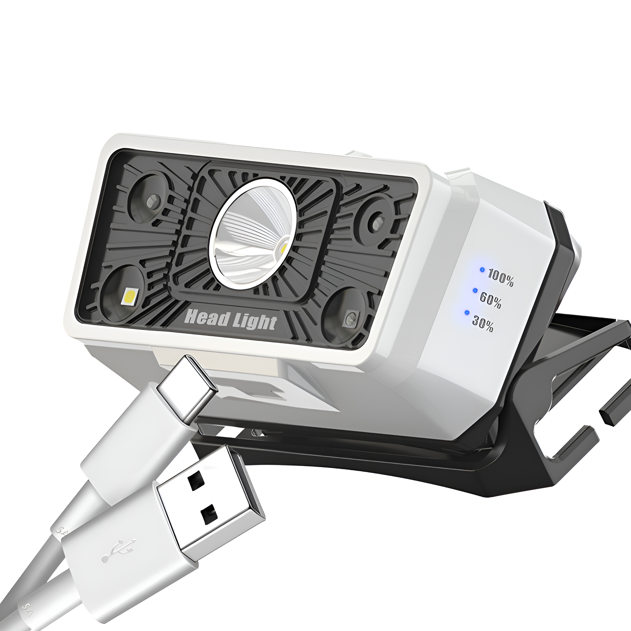 Weiß-schwarze LED-Stirnlampe mit USB-Kabel. Batteriestandsanzeigen sind sichtbar.