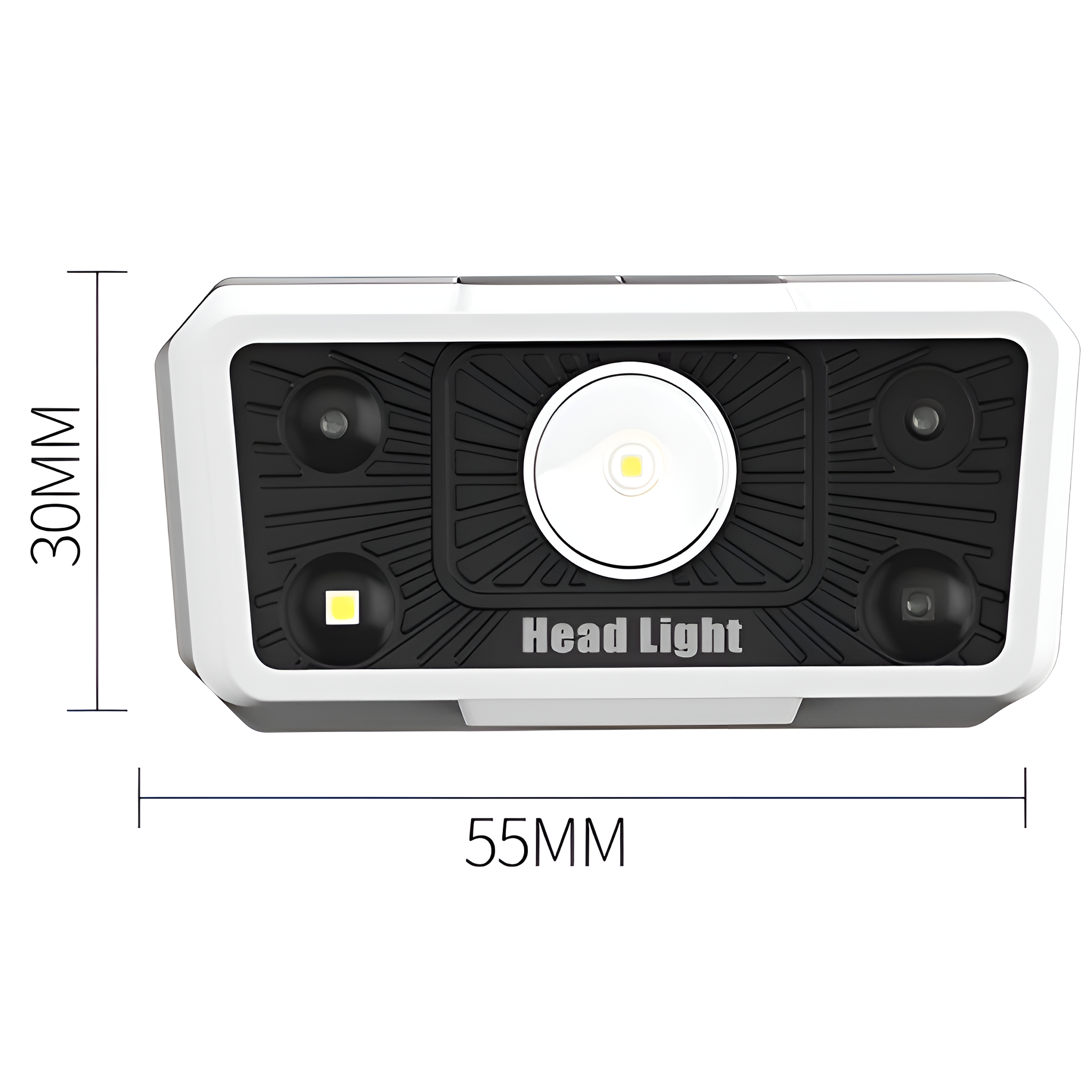 Weiß-schwarze Stirnlampe mit Abmessungen. Es ist mit Head Light beschriftet. Vier Lichter vorne.