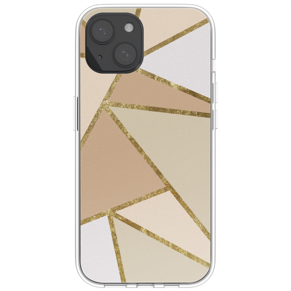 Telefoonhoesje met een geometrisch patroon. Het patroon heeft beige en witte vormen met gouden lijnen.