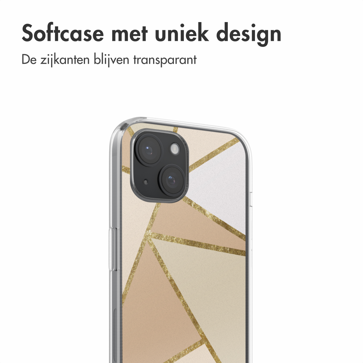 Een telefoonhoesje met een geometrisch ontwerp, met de camera en de telefoon zelf.
