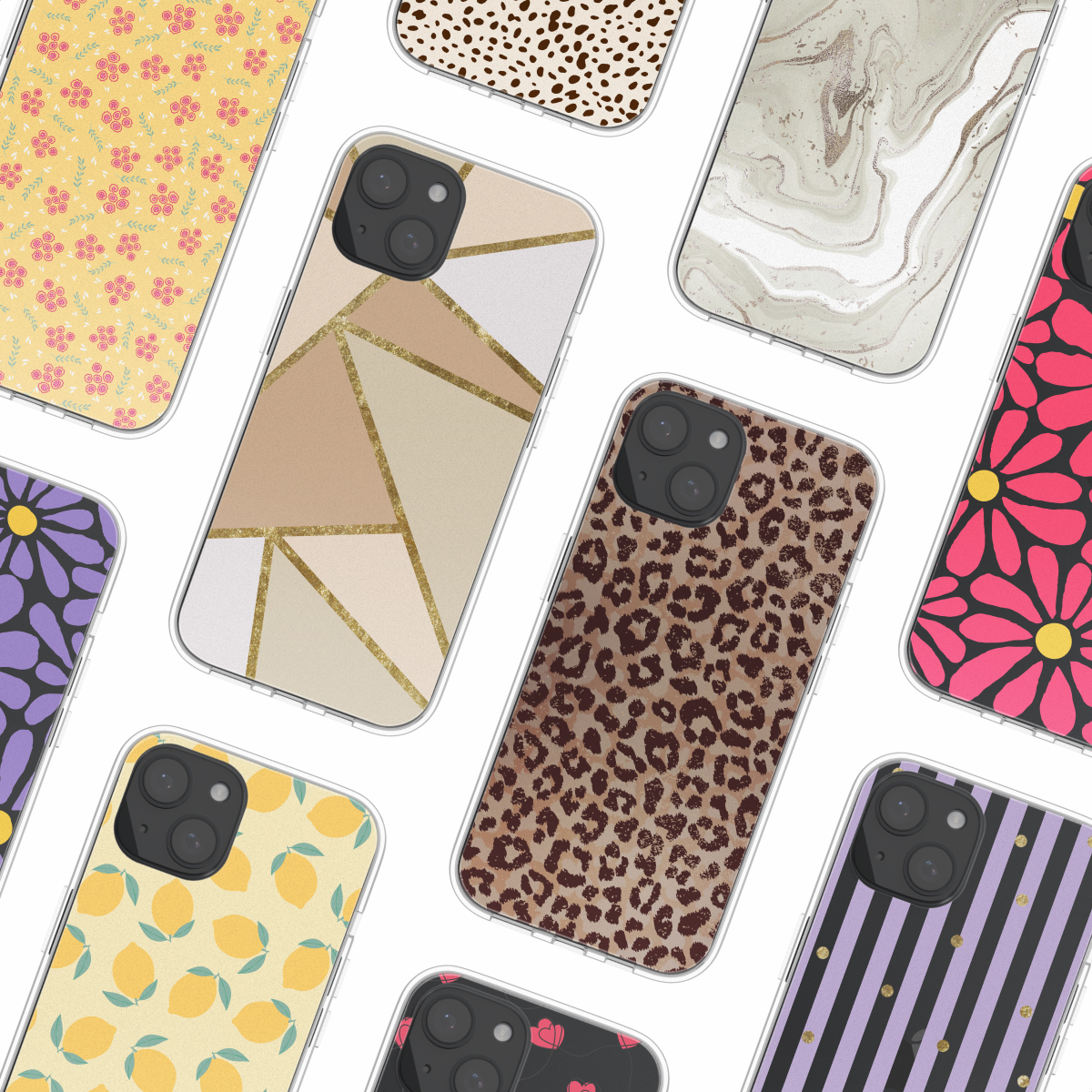 Telefoonhoesjes met diverse ontwerpen: citroenen, bloemen, luipaardprint en geometrische patronen.