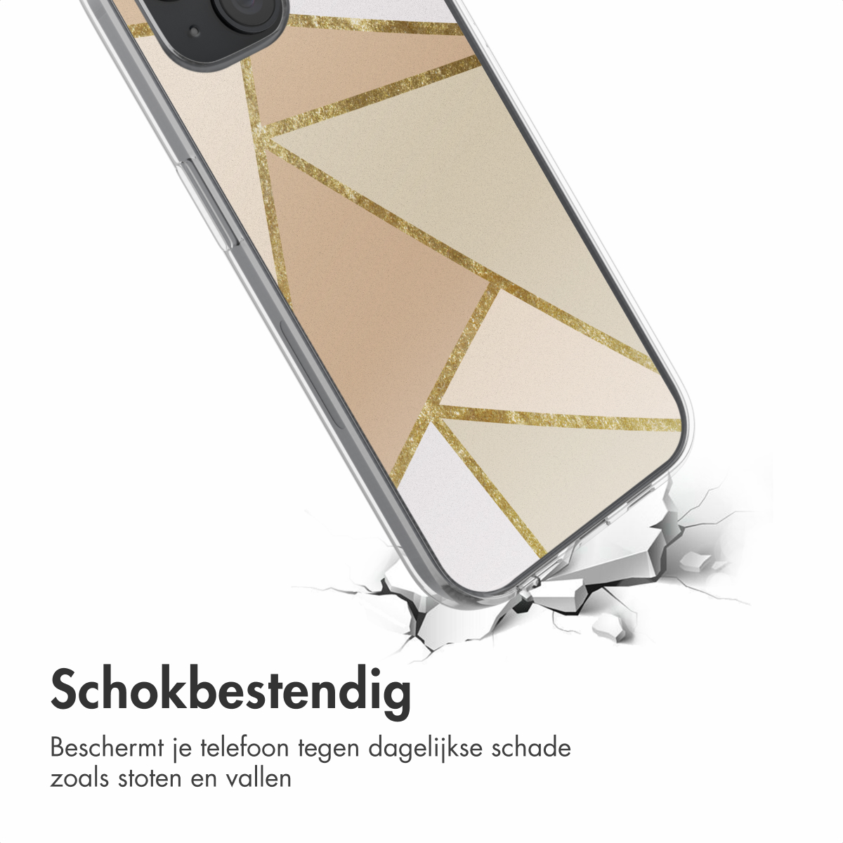 Close-up van een telefoon met een geometrische designhoes, barsten eromheen.
