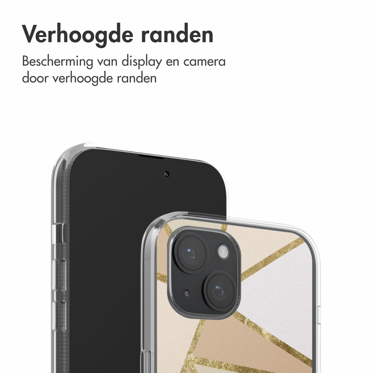 Een telefoon in een hoesje met verhoogde randen, met de camera en het scherm van de telefoon.