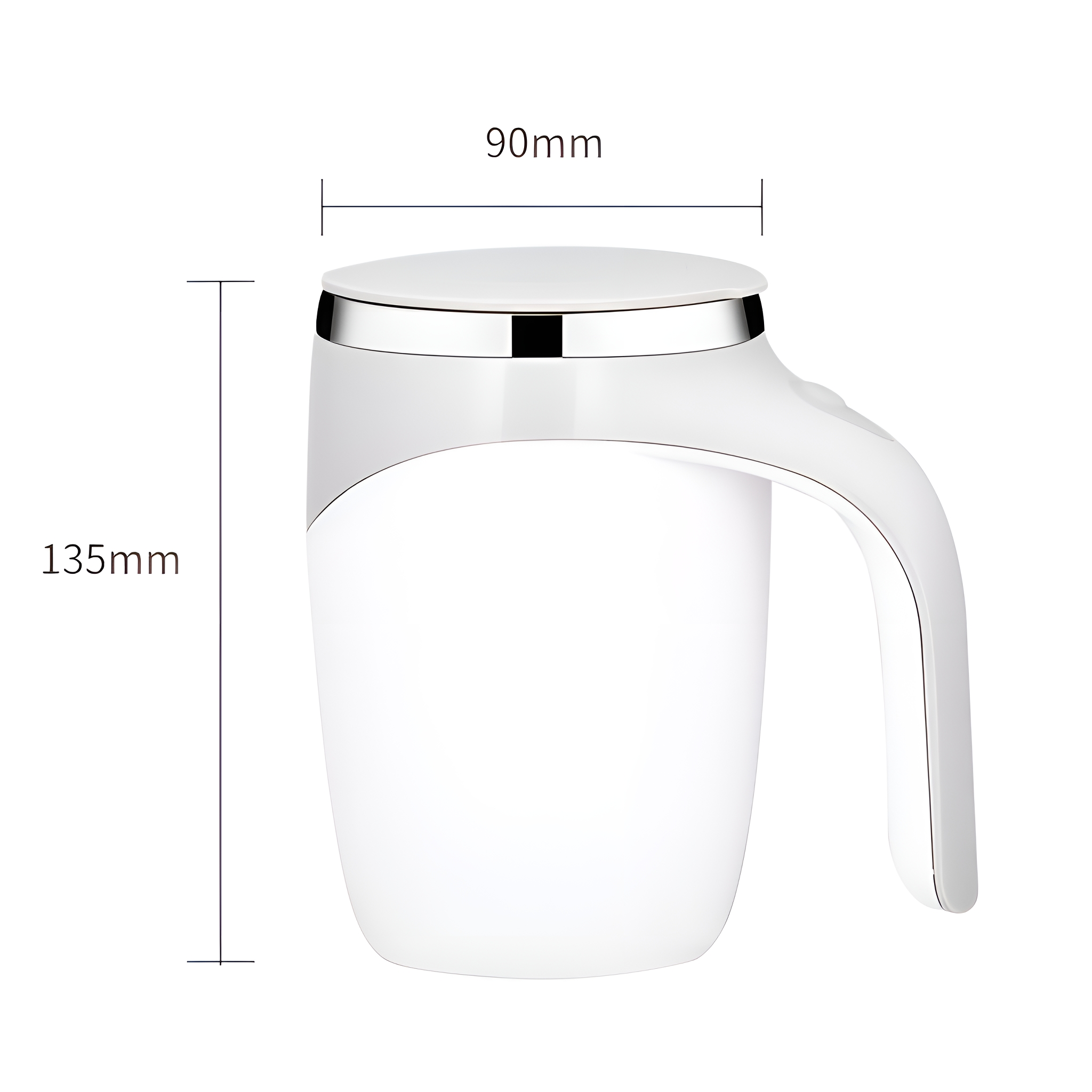 Ein weißer selbstquirlender Becher mit Griff. Abmessungen: 90 mm x 135 mm.