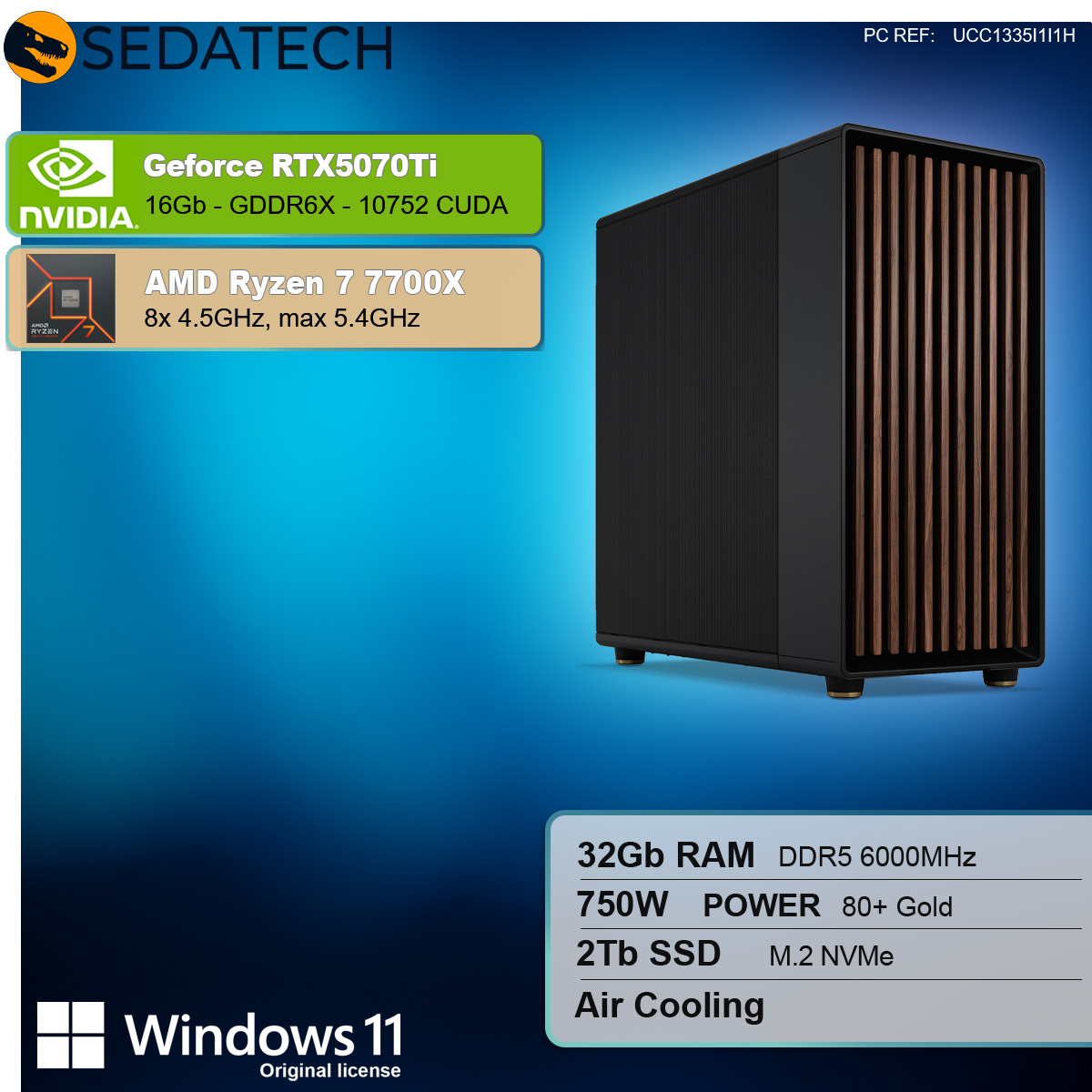 Case per computer nero e marrone con componenti elencati. Include componenti Nvidia e AMD con Windows 11.