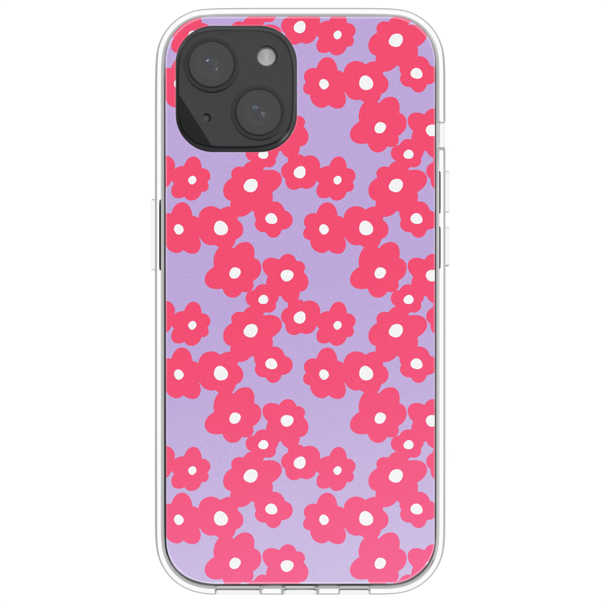 Telefoonhoesje met roze bloemenpatroon op een paarse achtergrond.