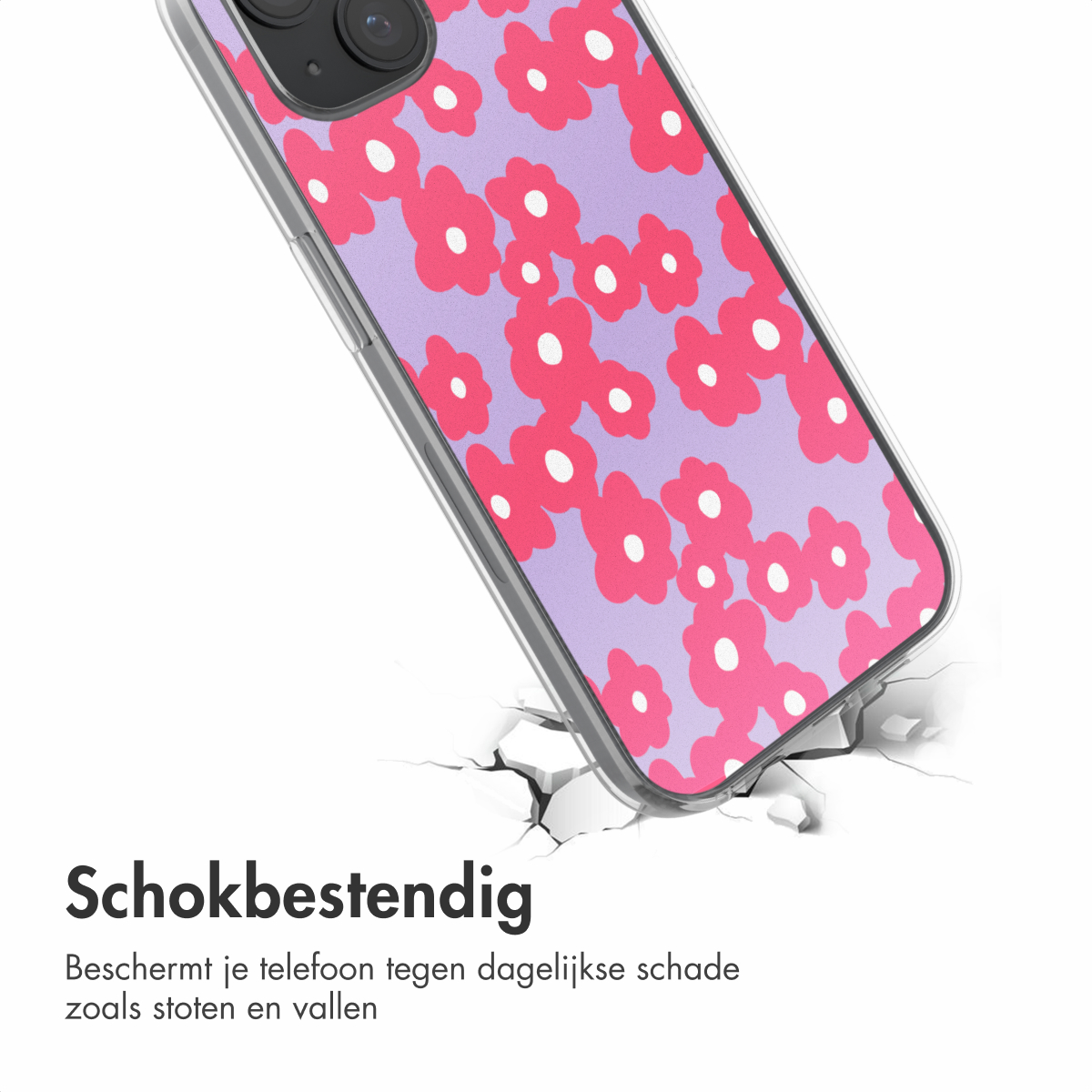 Een telefoonhoesje op een gebarsten oppervlak. Het heeft een bloemenontwerp en de tekst 'Schokbestendig' (Schokbestendig) wordt weergegeven.