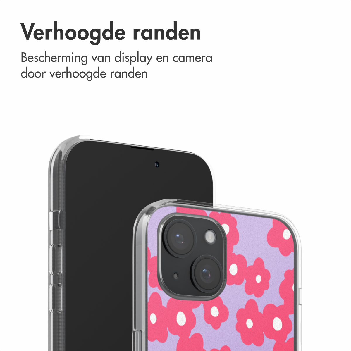 Telefoon met een beschermhoesje. Hoesje heeft een bloemenontwerp. Tekst: Verhoogde randen, voor display en camera.