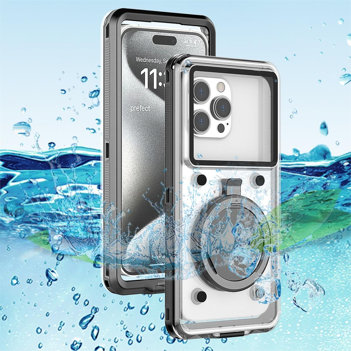 Zwei transparente Handyhüllen mit einem Telefon. Eine Hülle ist offen und zeigt den Bildschirm des Telefons.