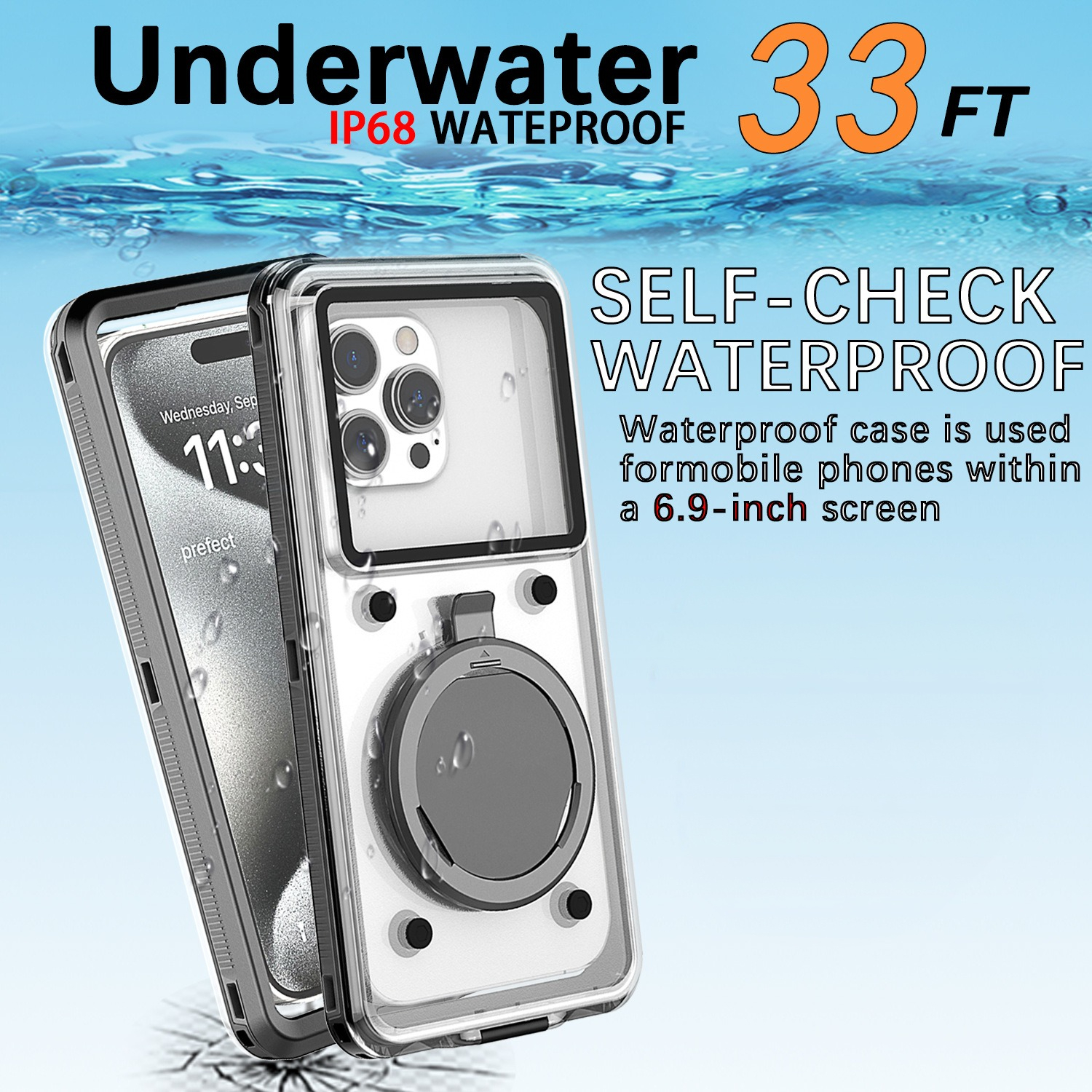 Wasserdichte Handyhülle mit Telefon. Text zeigt Wasserdichtigkeit bis 33 ft und für 6,9-Zoll-Bildschirme an.