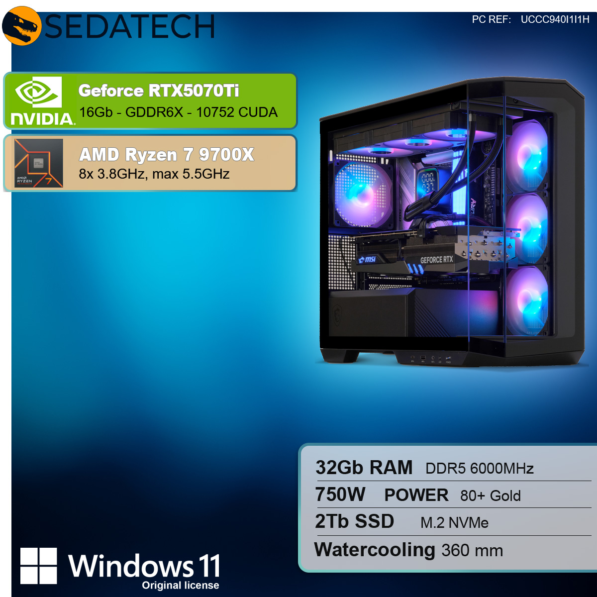 Ein Computergehäuse mit Komponenten. Texte über CPU, GPU, RAM, SSD und Strom.