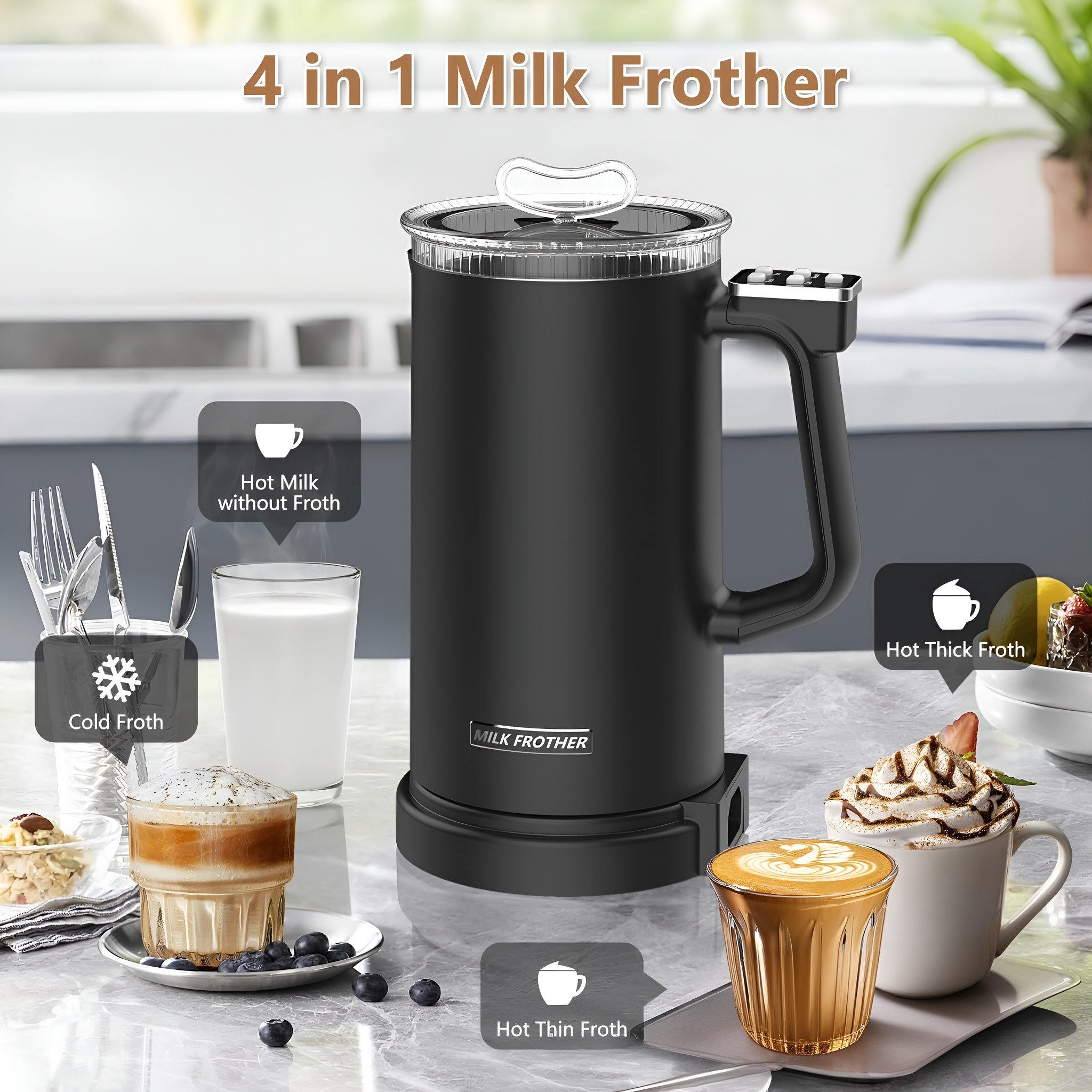 Schwarzer 4-in-1 Milchaufschäumer mit Griff. Es zeigt Beispiele für heiße Milch, kalten Schaum, heißen dicken Schaum und heißen dünnen Schaum.