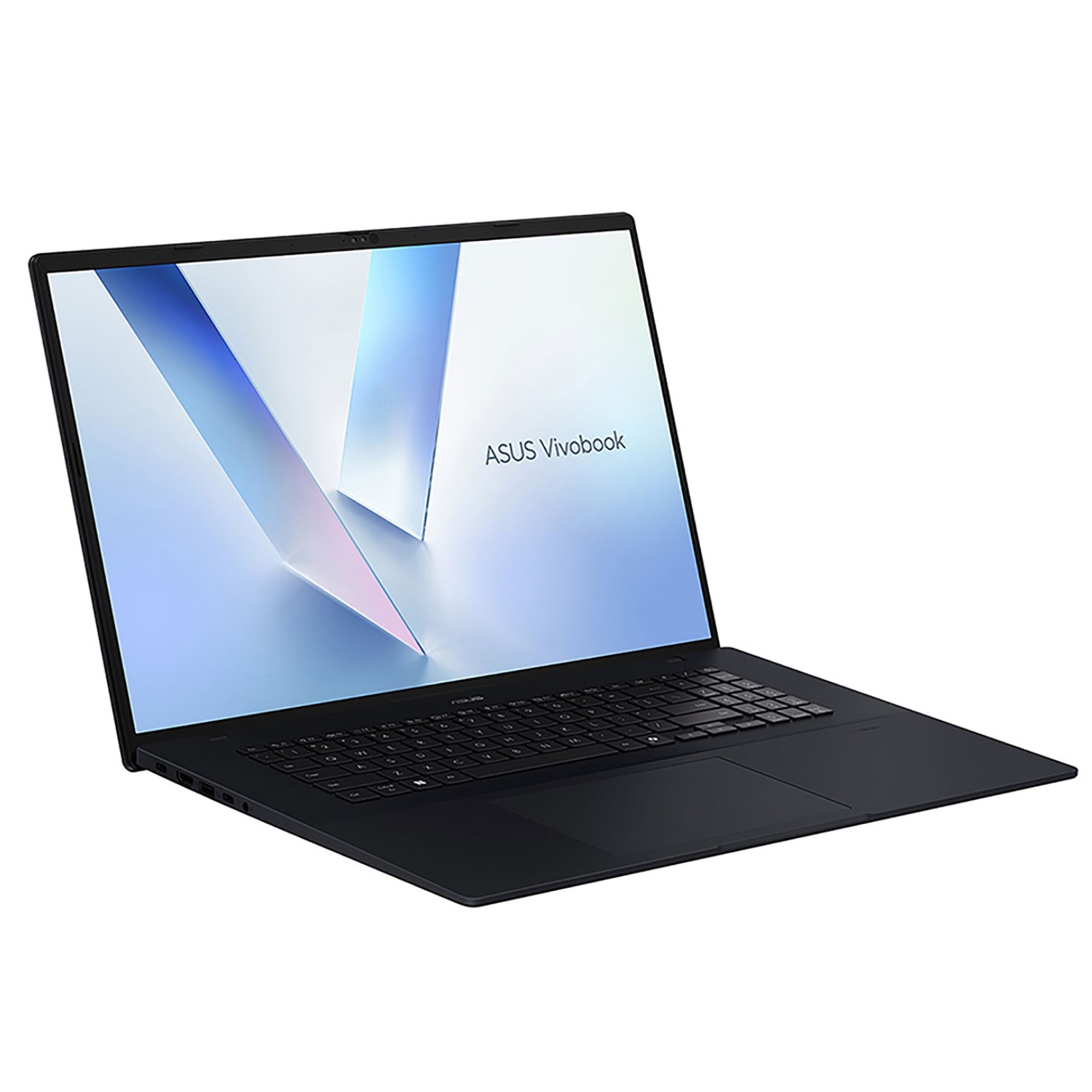 Ein schwarzer Laptop mit hellem Bildschirm, der ein blaues und weißes abstraktes Muster anzeigt, abgewinkelt auf einer weißen Oberfläche.