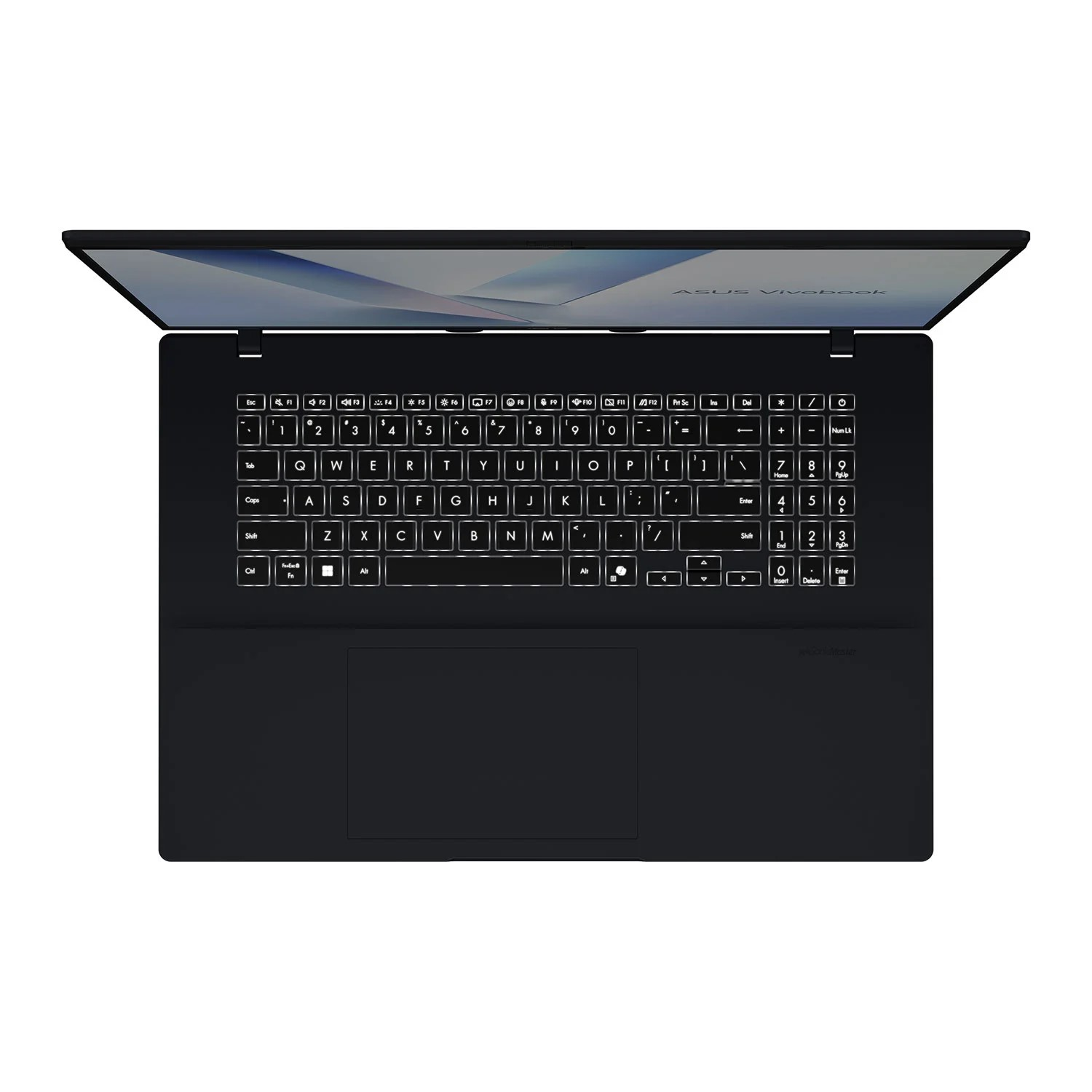 Ein offener schwarzer Laptop, Draufsicht. Die Tastatur ist sichtbar, zusammen mit dem Bildschirm und Touchpad.