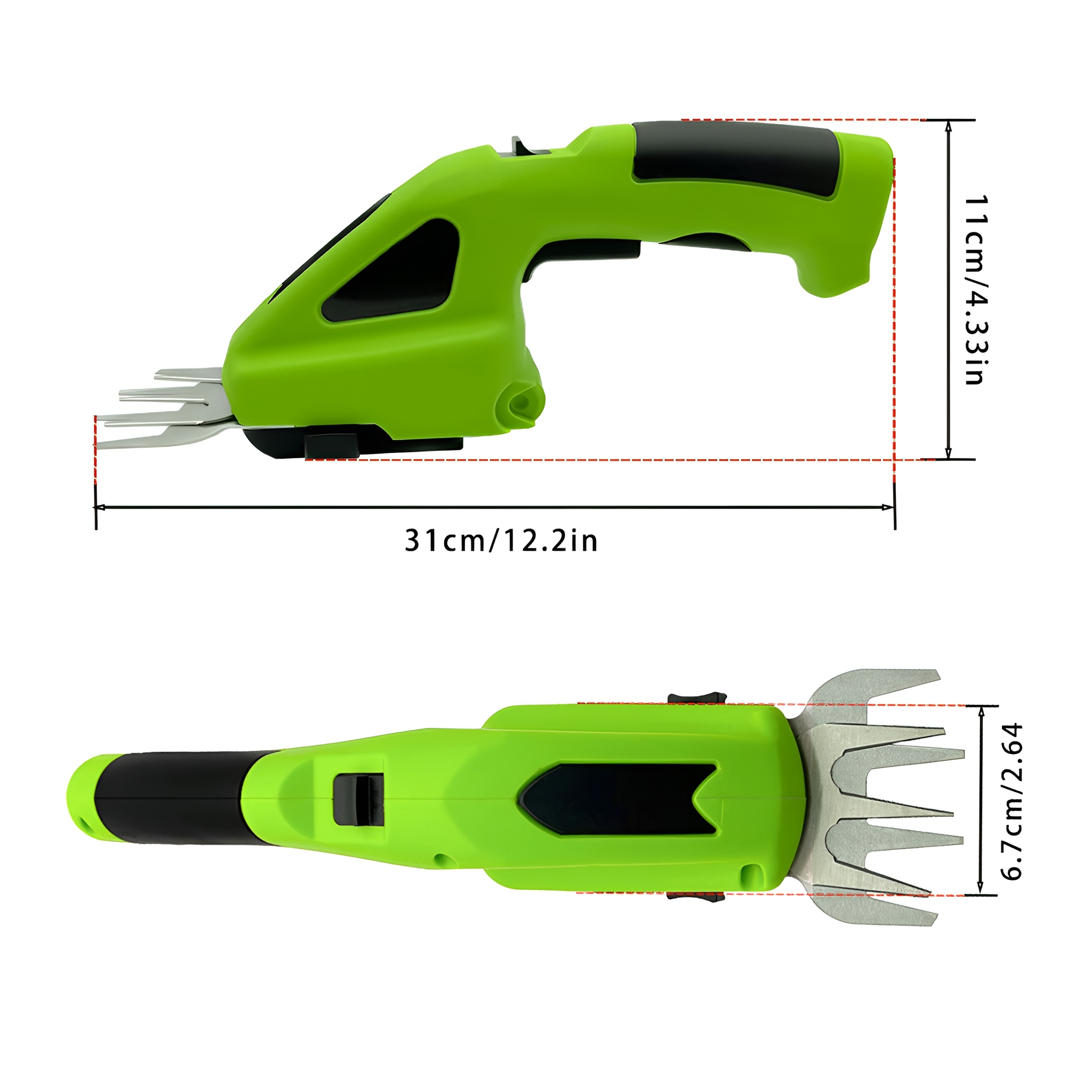 Ein grüner elektrischer Heckenschneider mit Größenangaben in cm/Zoll.