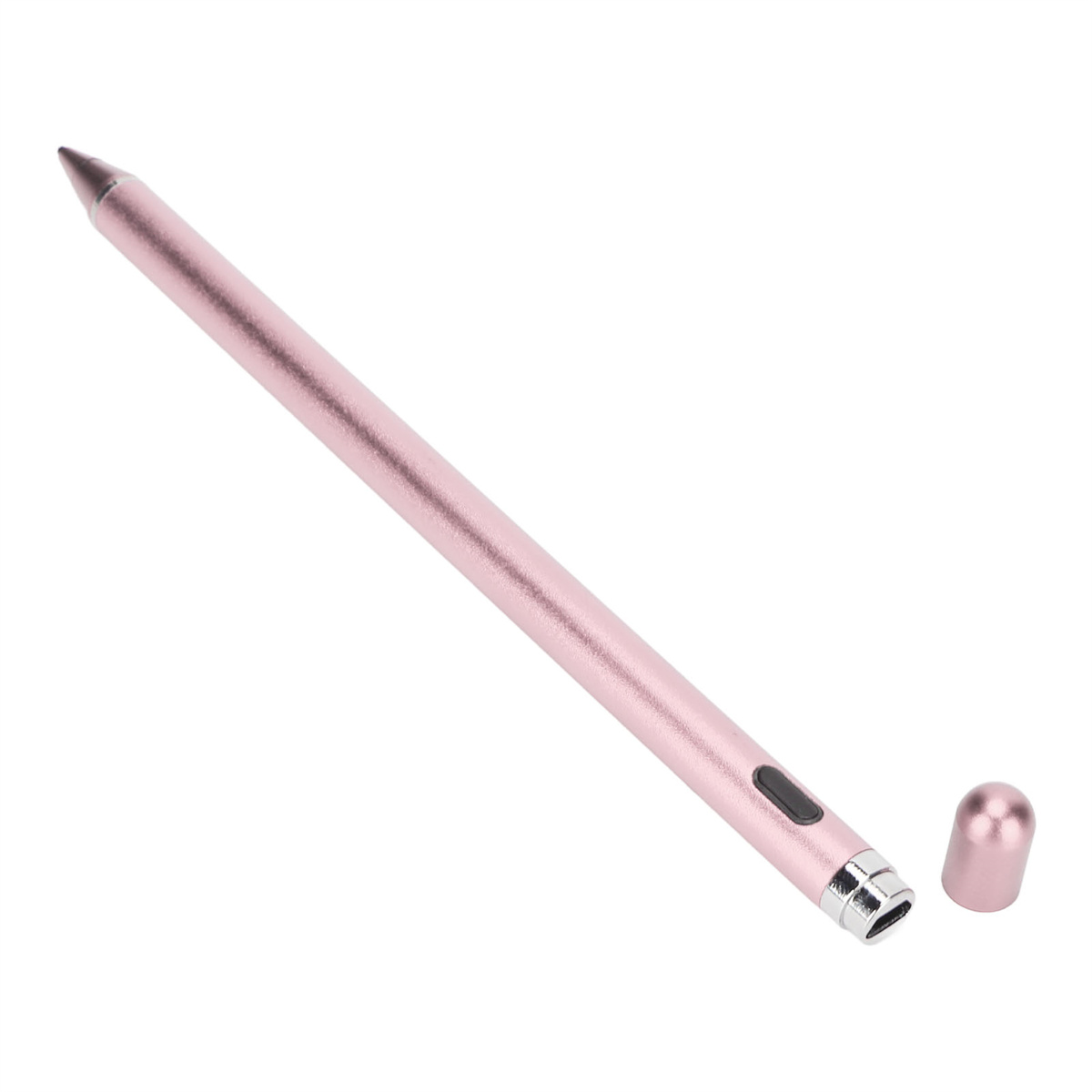 Ein rosa Stift, mit passender Kappe, auf weißem Hintergrund. Die Kappe ist abgenommen.