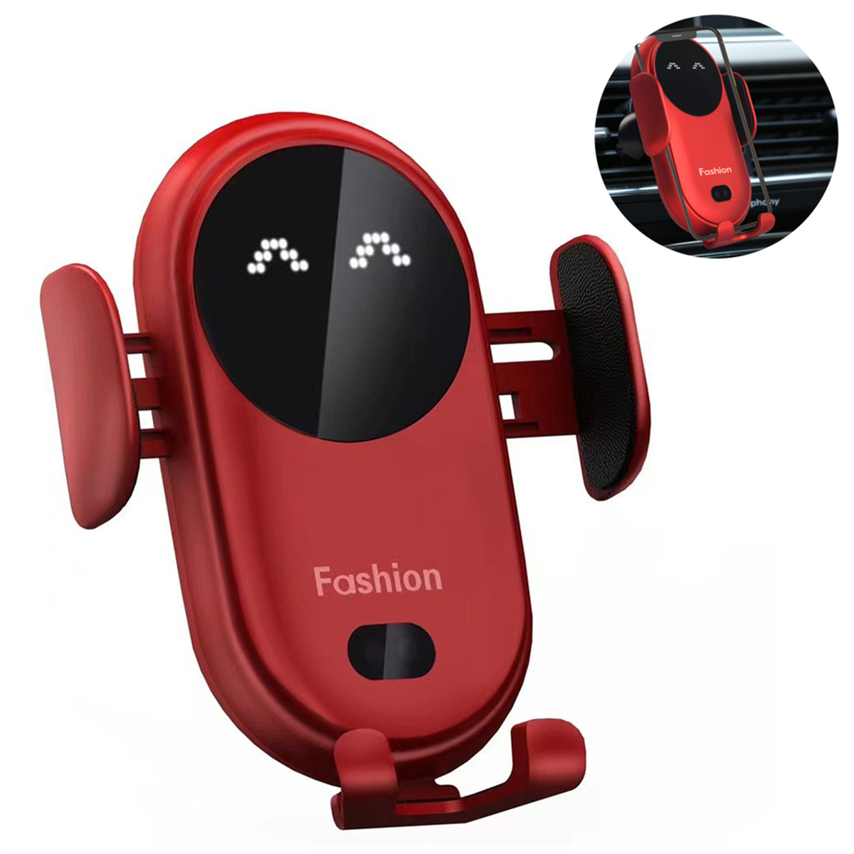 Roter Autotelefonhalter mit lächelndem Gesichtsdesign, weißer Hintergrund.