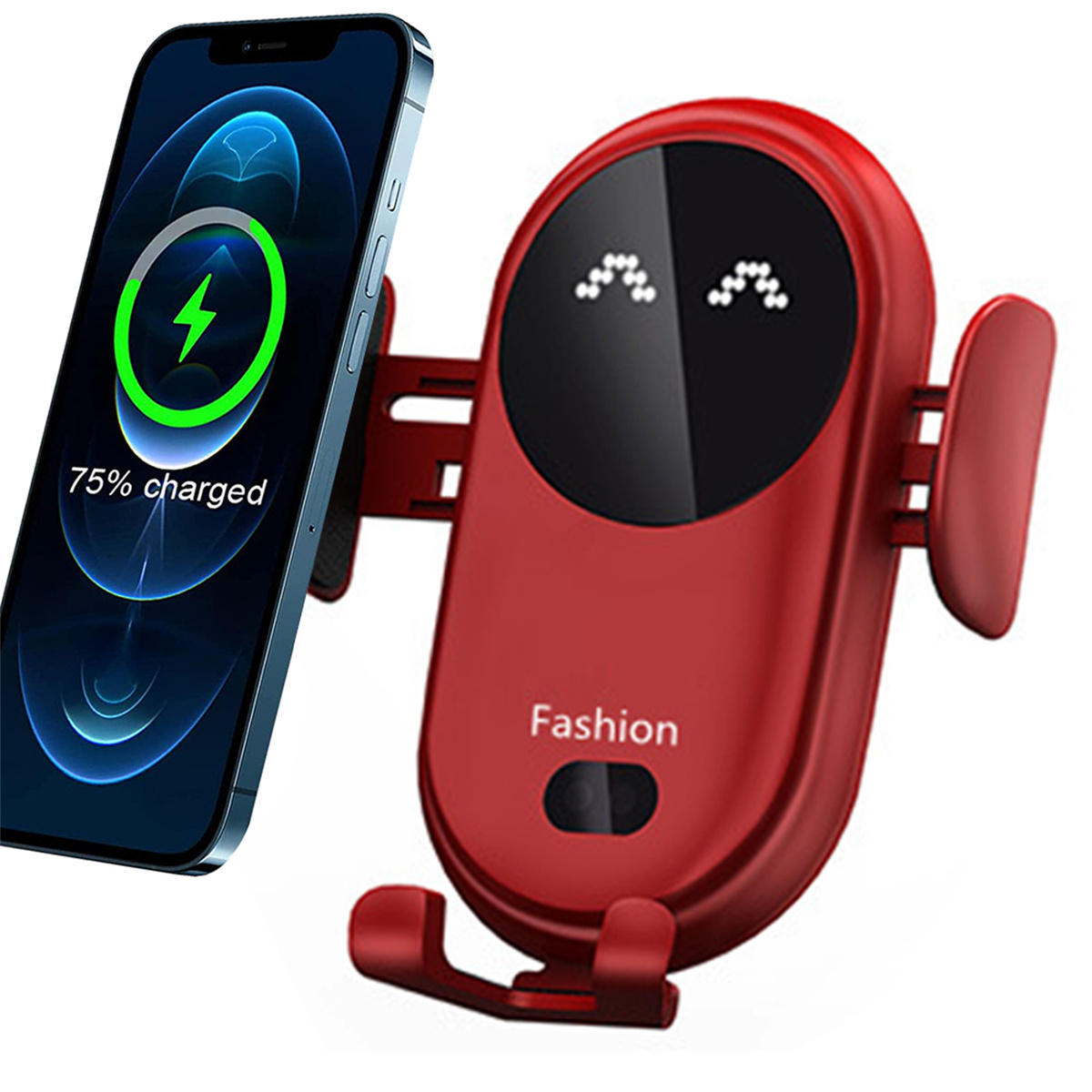Roter Autohalter mit Telefon, das 75% Laden anzeigt, und dem Wort 'Fashion'.