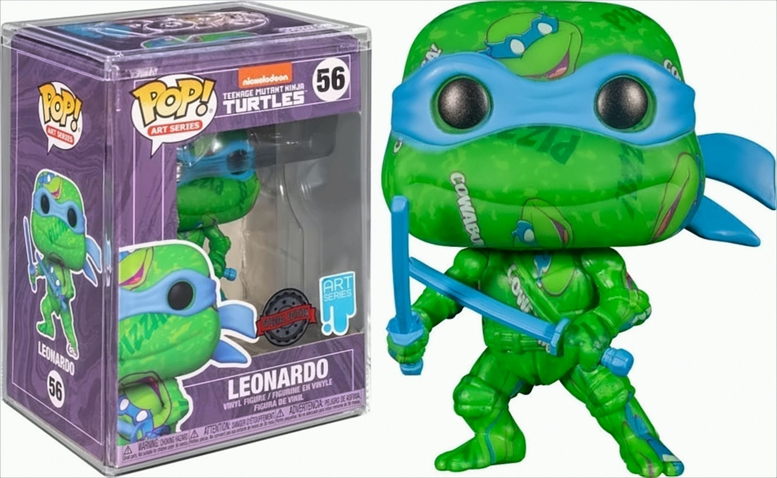 Eine Teenage Mutant Ninja Turtles Leonardo Funko Pop! Figur in einer Box. Grüner Ninja mit blauer Maske. Weißer Hintergrund.