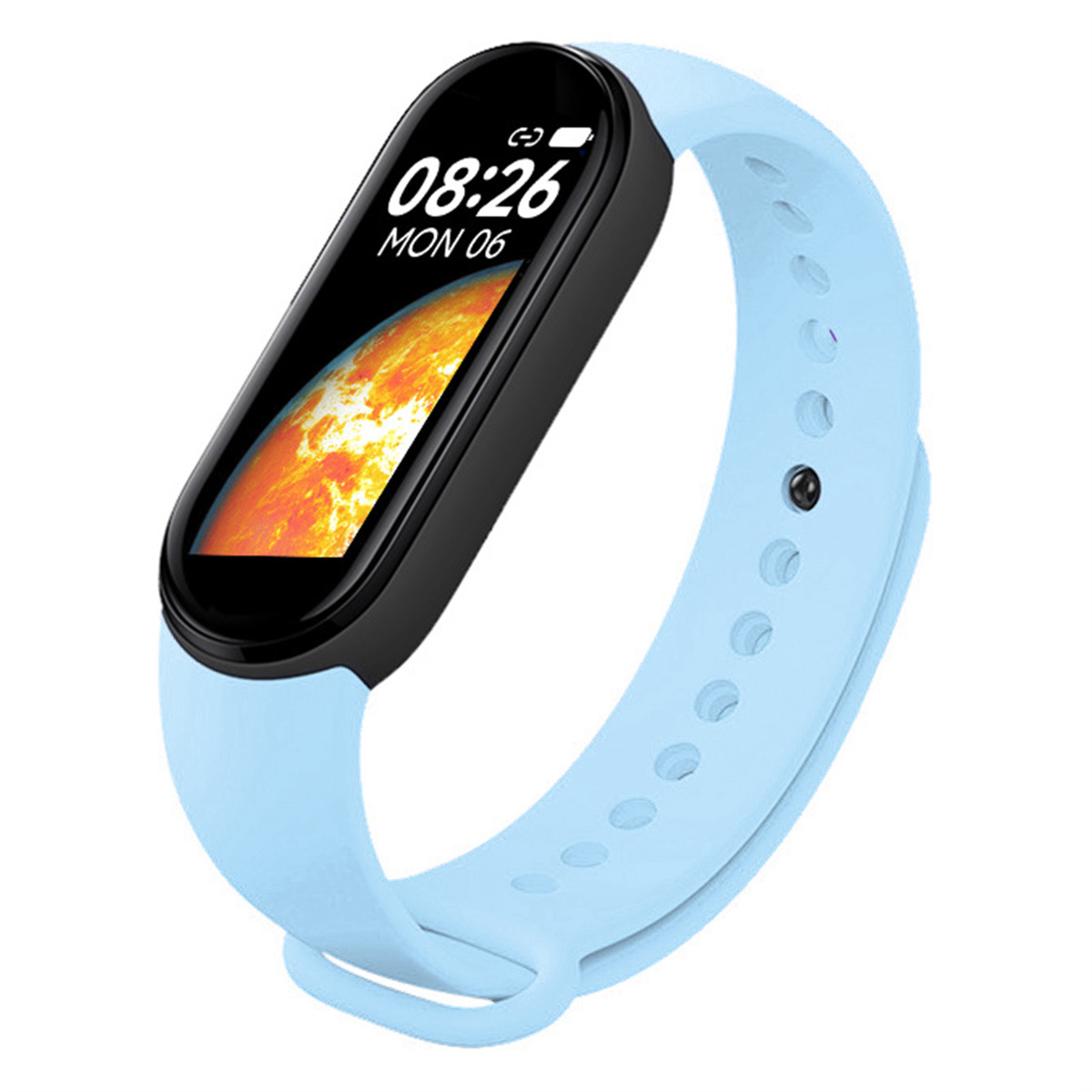 Ein hellblaues Smartband mit der Uhrzeit 08:26 und dem Datum MON 06.