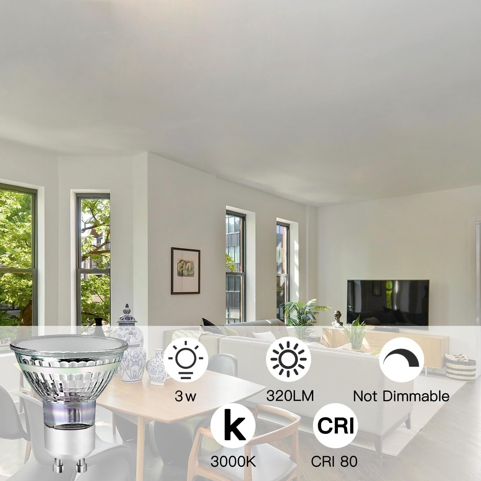 Żarówka w pokoju ze wskaźnikami 3W, 320LM, bez możliwości ściemniania, 3000K i CRI 80.